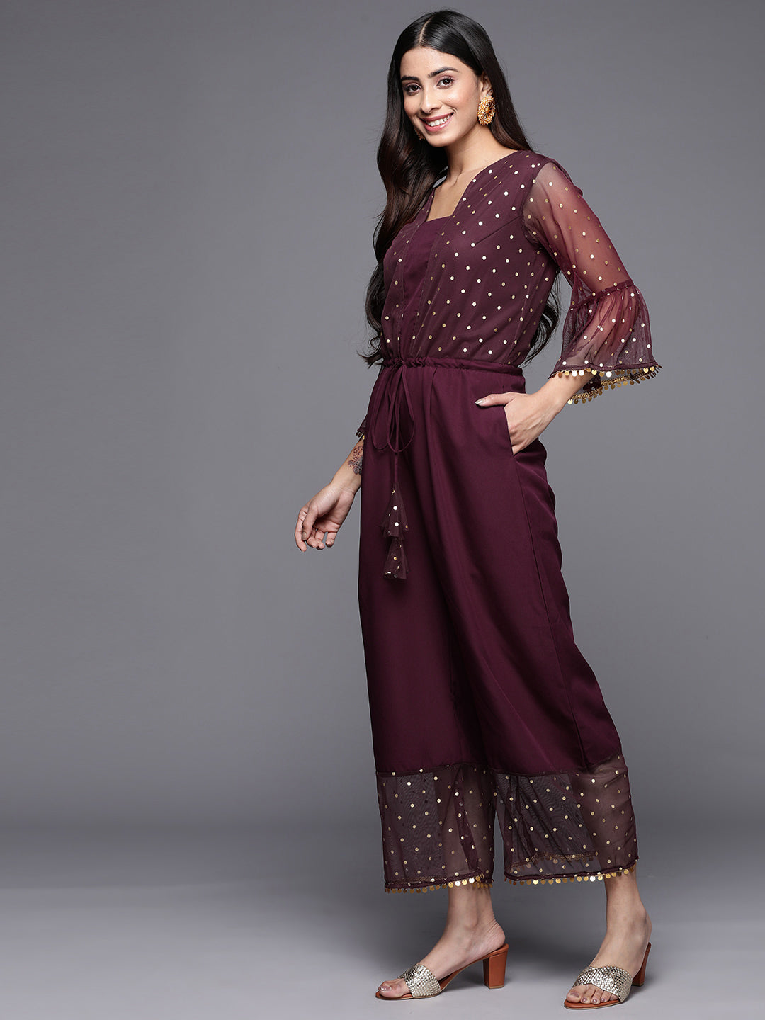 Burgundy Polka Dots Printed Jumpsuit With Waist Tie-Ups