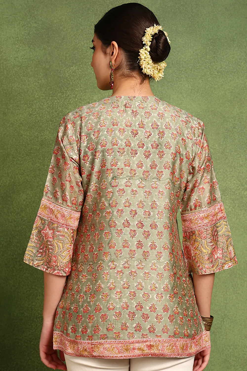 Green Hand Block Printed Chanderi Silk Tunic