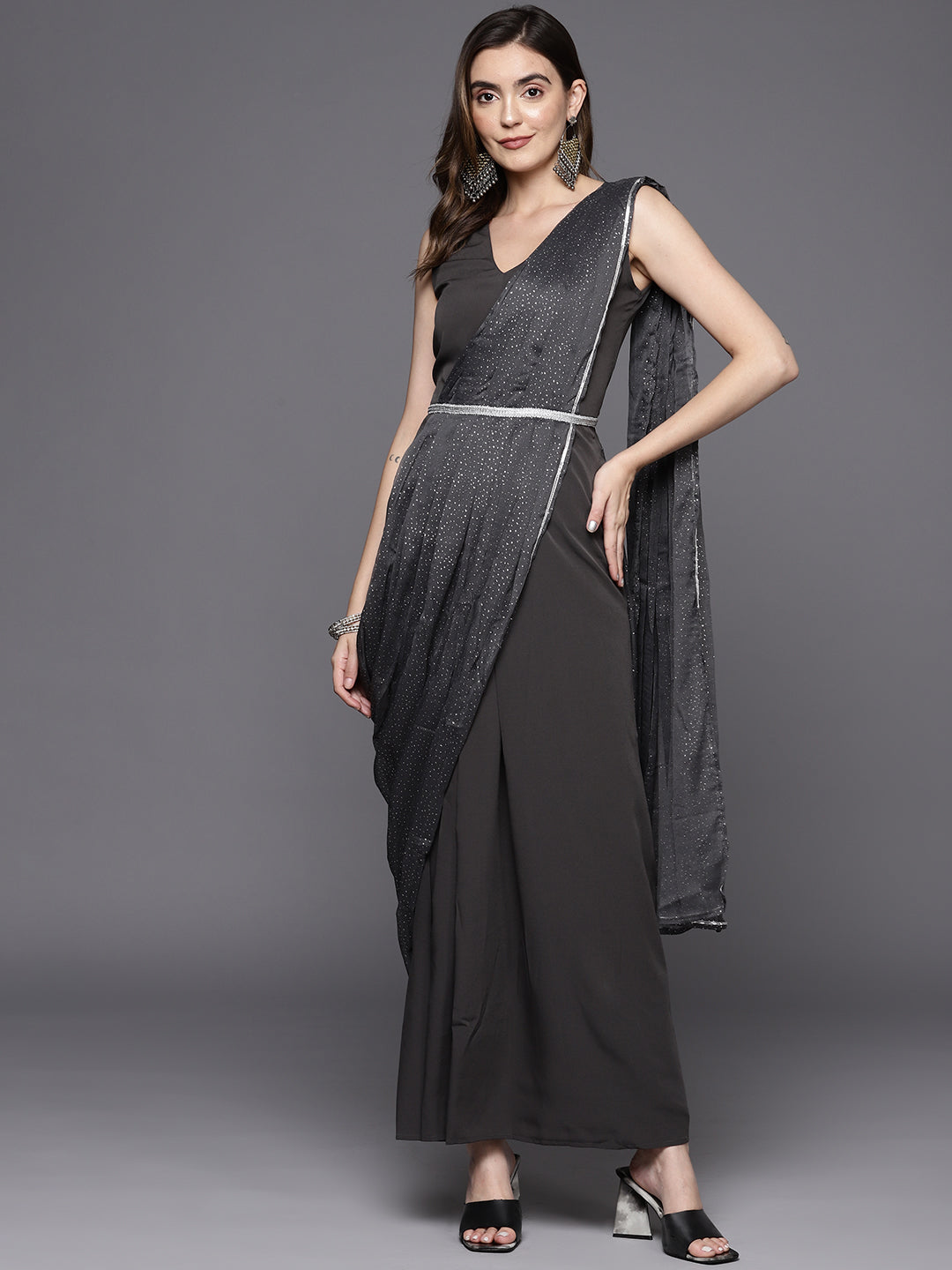 Grey Abstract Print Layered Ethnic Dress