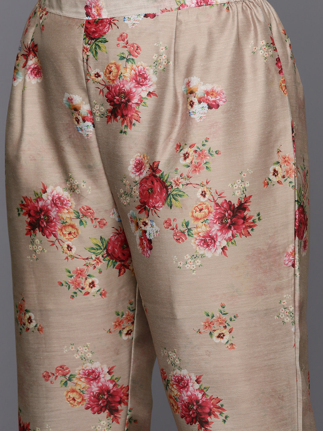 Tan Floral Printed Plus Size Kurta with Trousers