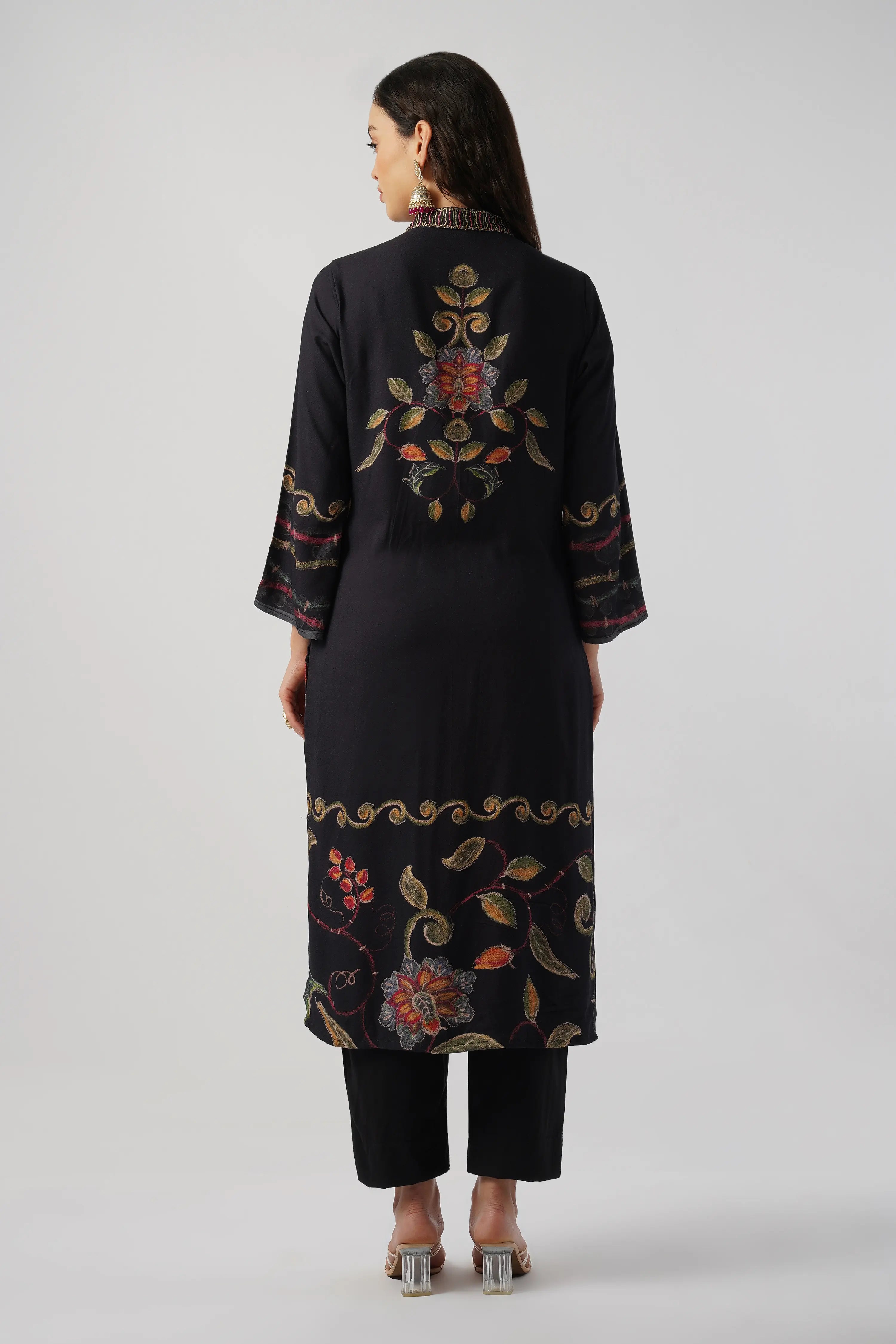 Jet Black Pure Pashmina Wool Designer Kurta Set with Embroidery