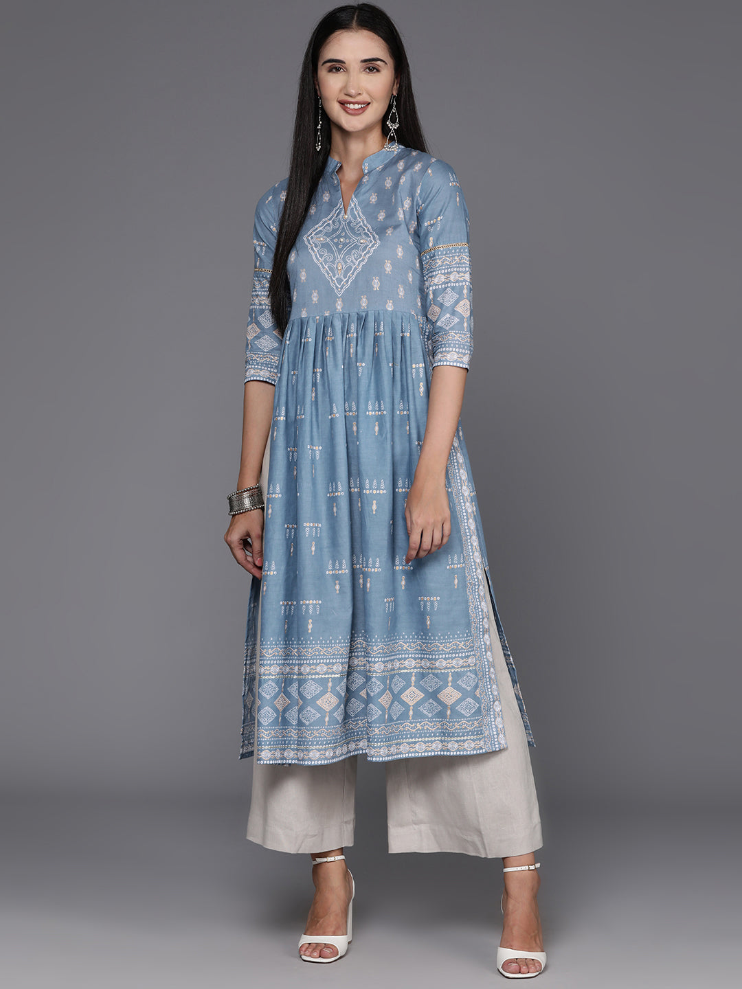 Blue & White Printed Pure Cotton Kurta