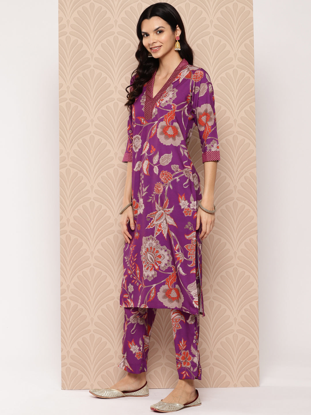 Purple Floral Printed Regular Kurta with Trousers