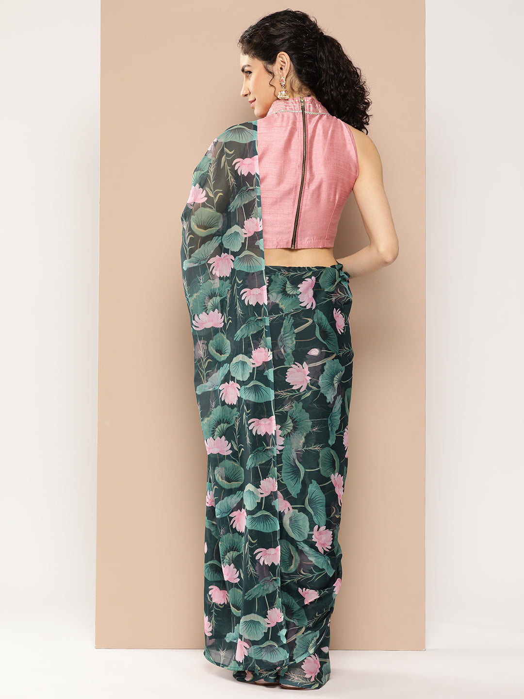 Teal & Pink Floral Print Poly Chiffon Saree