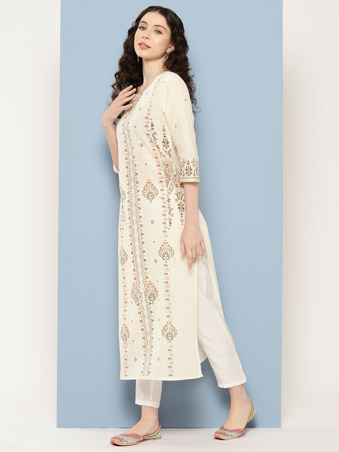 Off White Floral Printed Pure Cotton Kurta