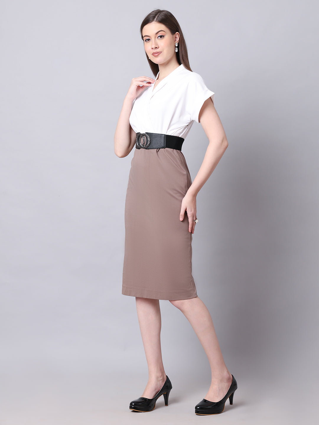 Exude Sparkling Color Block Blouson Dress With Belt