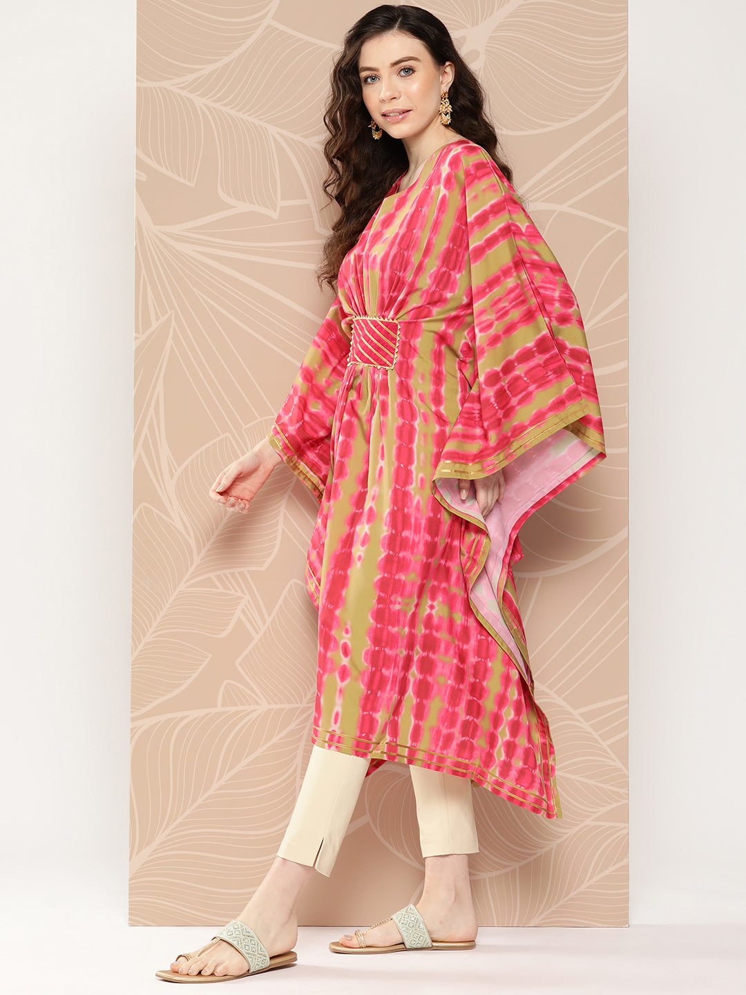 Pink Printed Gotta Patti Belted Detail Kaftan Kurta