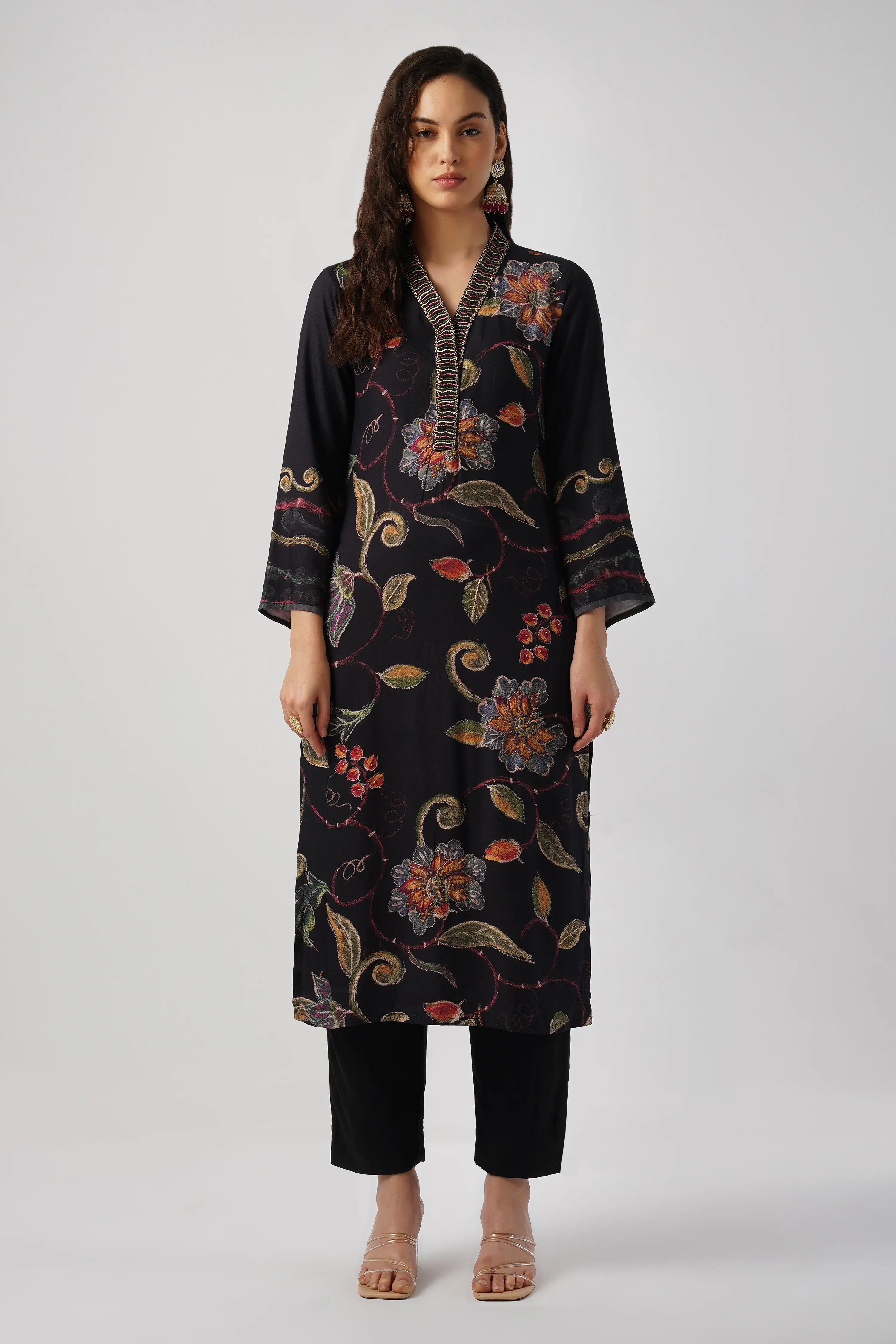 Jet Black Pure Pashmina Wool Designer Kurta Set with Embroidery