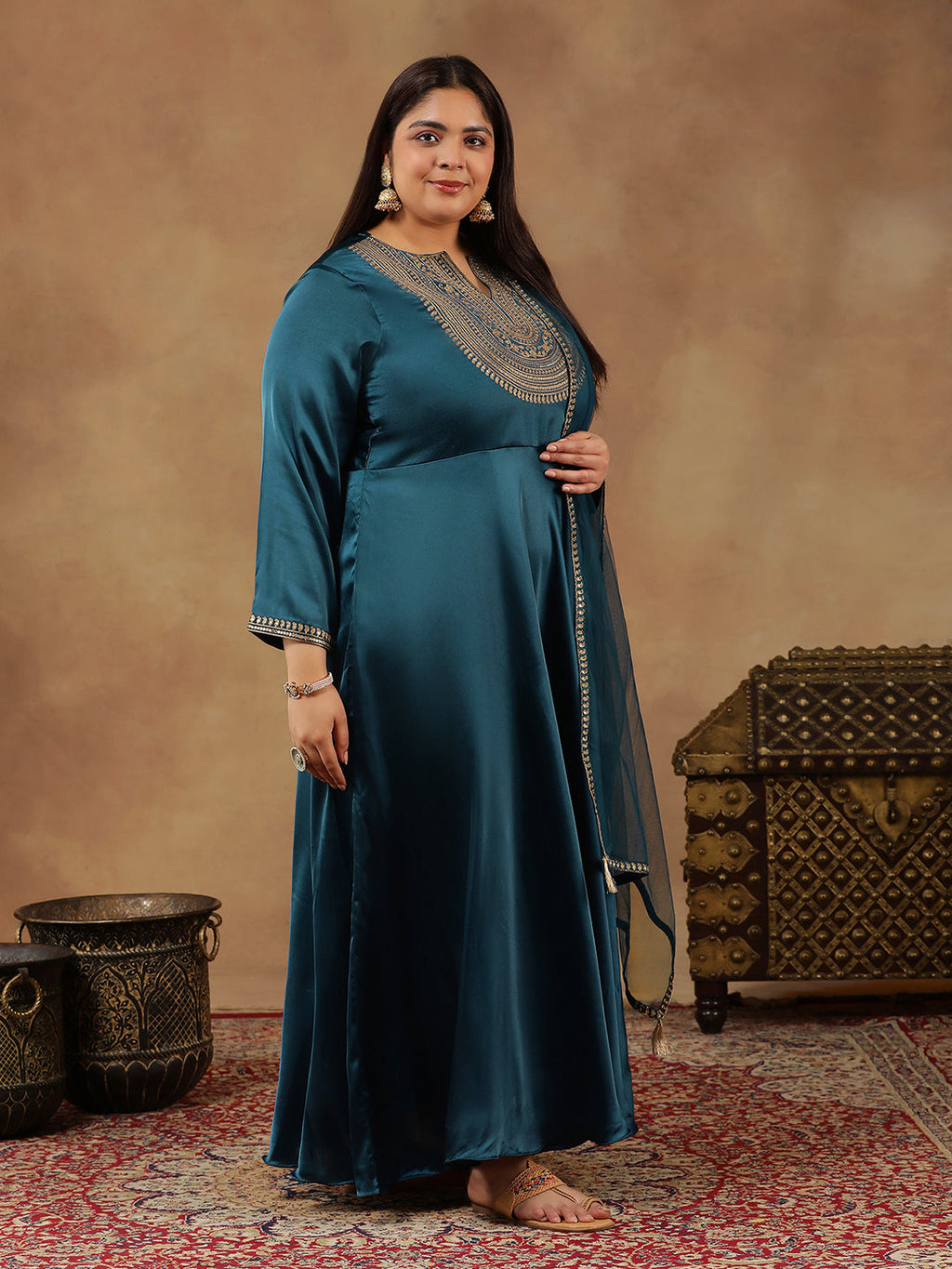 Floral Yoke Design Sequinned Satin Anarkali Kurta with Dupatta - ID