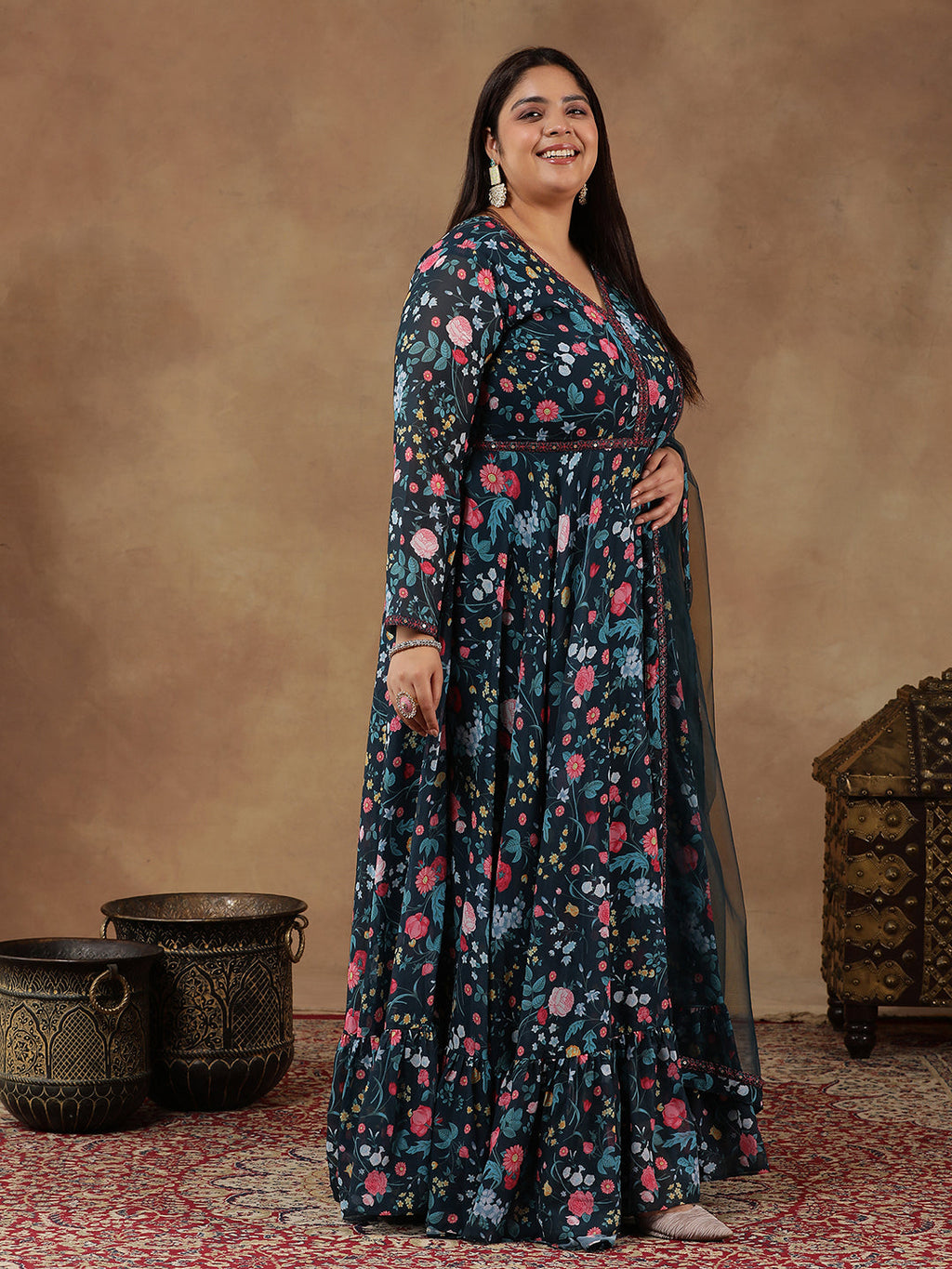 Plus Size Floral Printed Long Sleeves Georgette Anarkali Kurta With Dupatta - ID