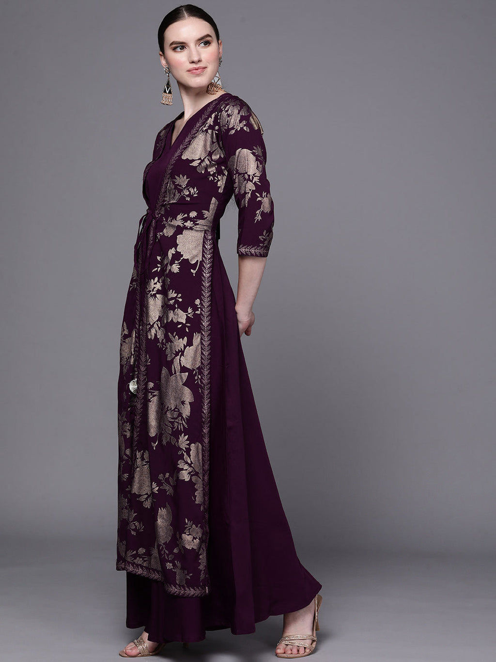 Burgundy Floral Printed Fit & Flare Maxi Ethnic Dress-AH