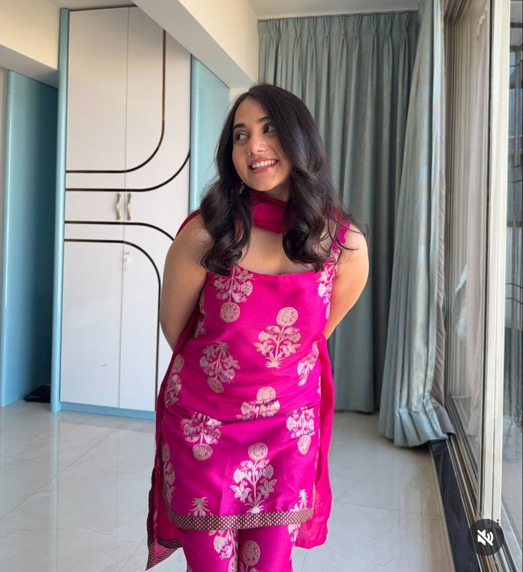 Pink Printed Kurti with Palazzos & With Dupatta-AH