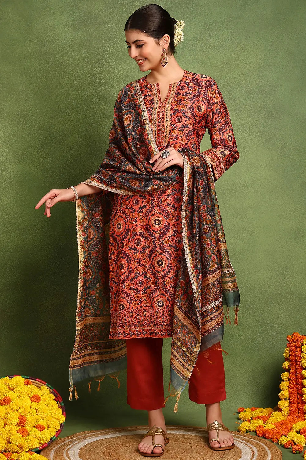 Rust Chanderi Silk Kurta