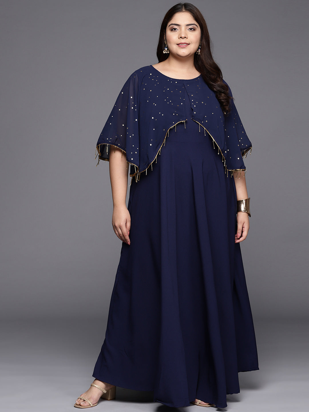 Navy Blue Plus Size Round neck Maxi Ethnic Dress-AH