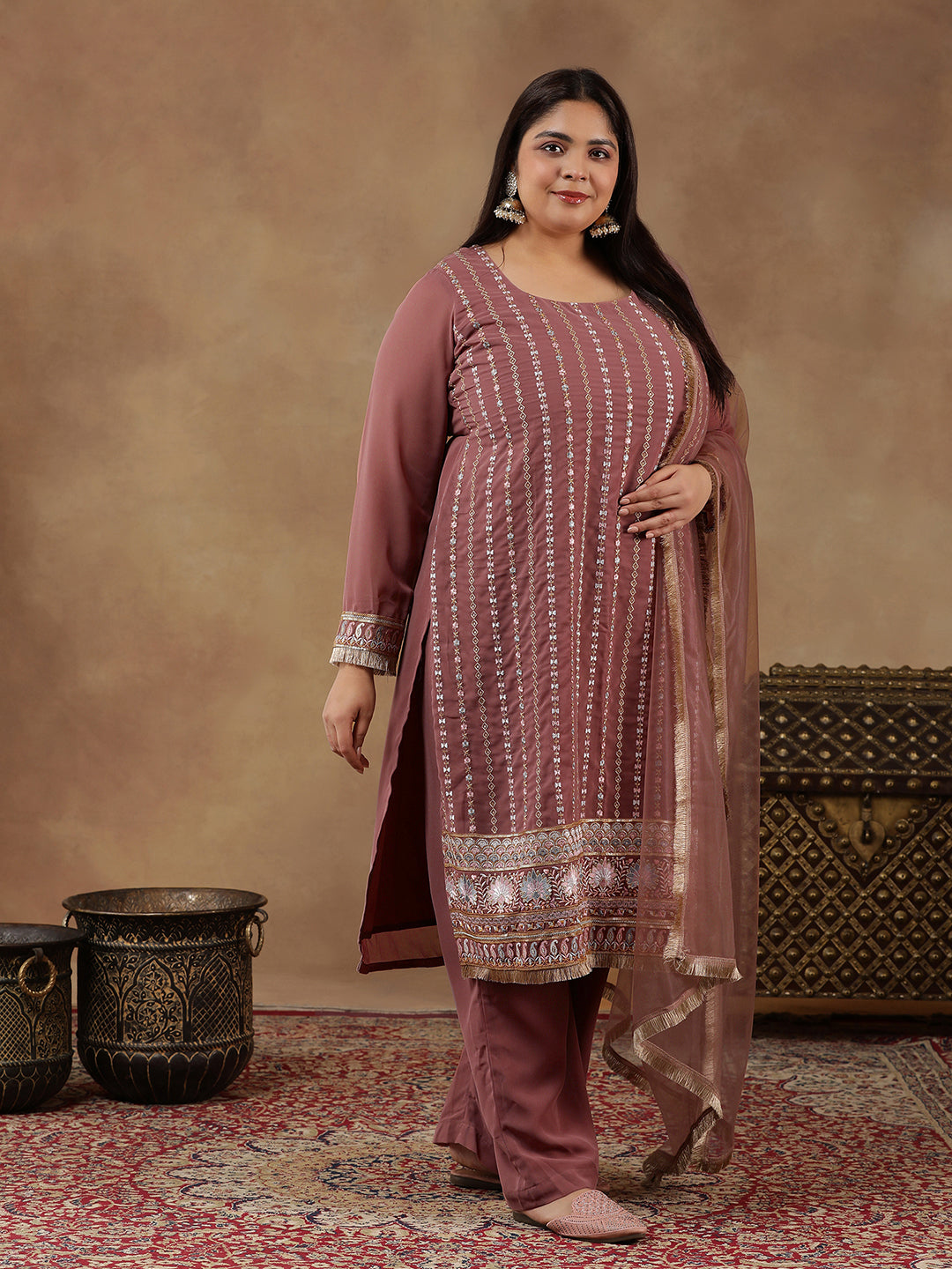 Women Ethnic Motifs Embroidered Regular Thread Work Kurta with Palazzos & With Dupatta - ID