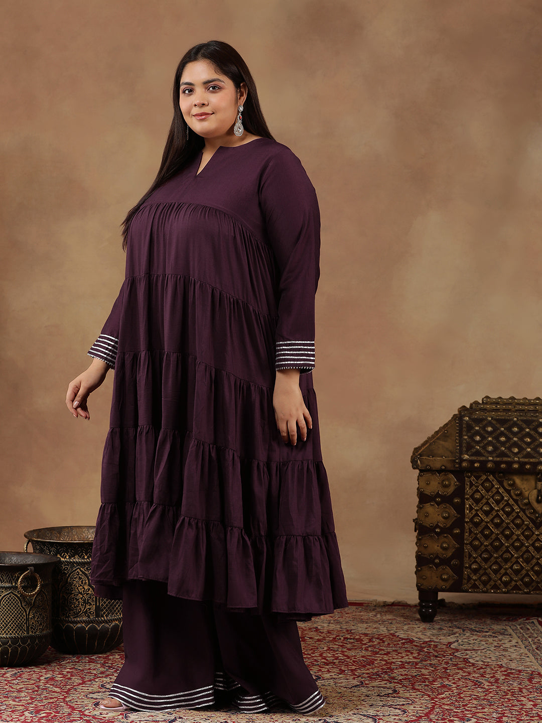 Purple Women Tiered Gotta Patti Kurta with Sharara - ID