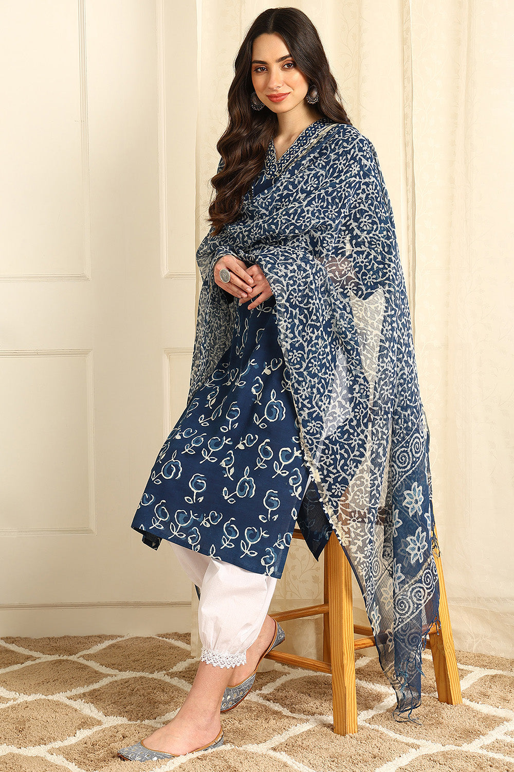 Indigo Blue Hand Block Printed Kota Doria Dupatta