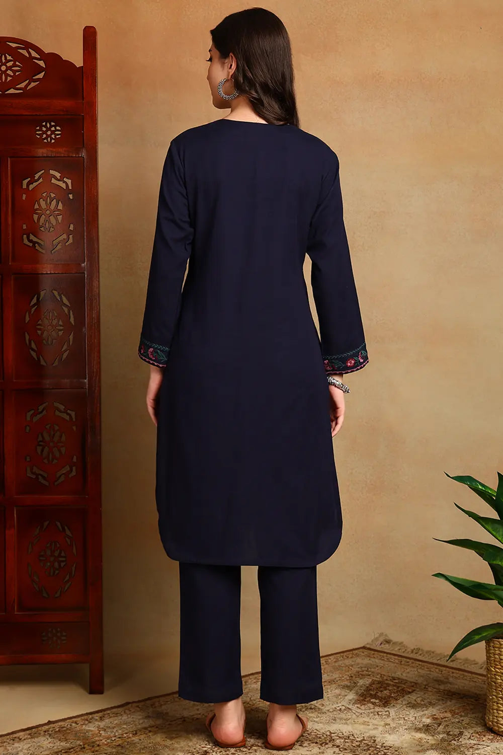 Navy Blue Embroidered Flax Linen Kurta