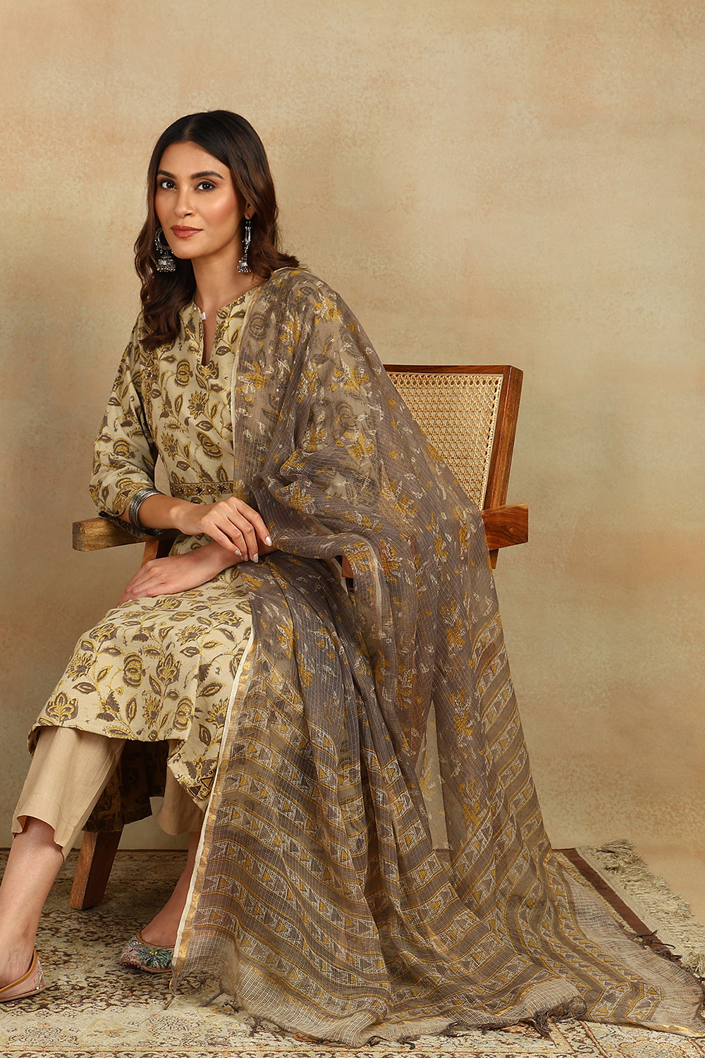 Beige & Brown 'A' Line Bagru Kurta