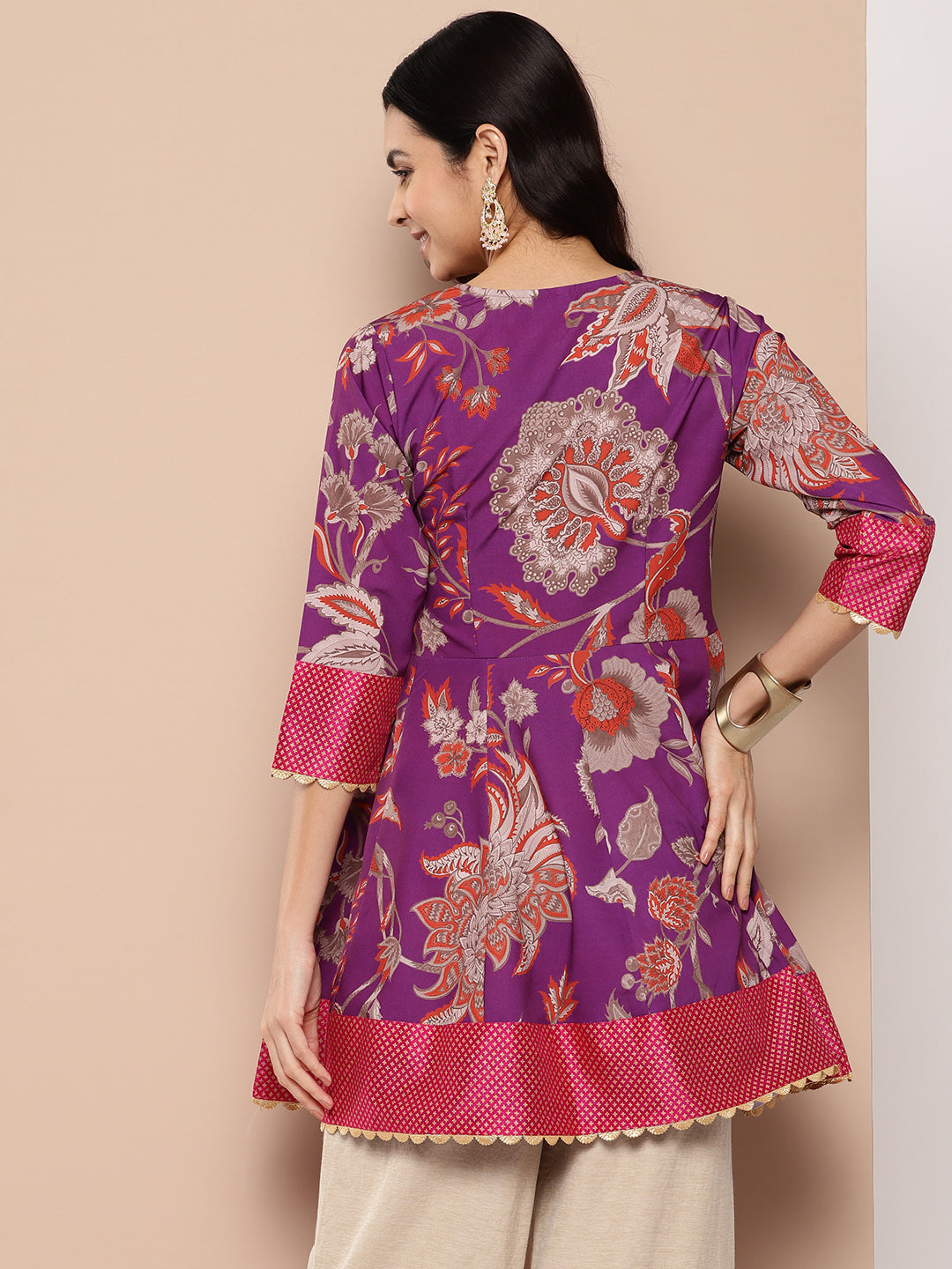 Purple Floral Print Ethnic Tie-Ups Tunic