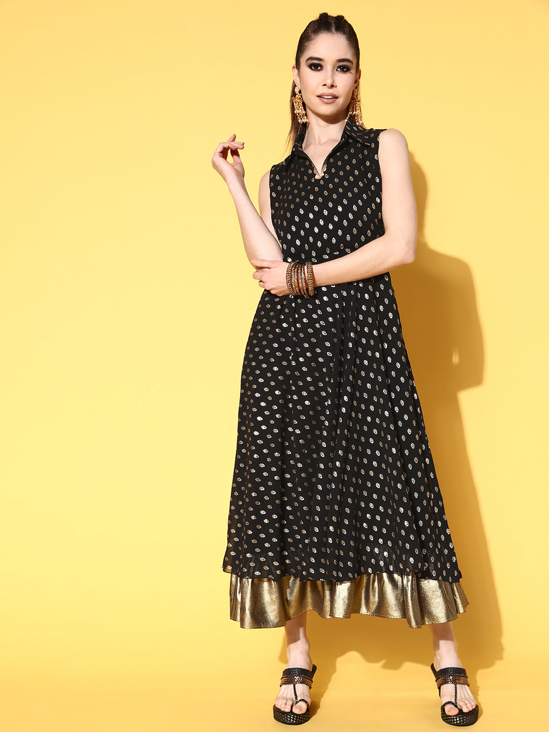 Black Georgette Golden Printed Midi Fit & Flare Ethnic Dress