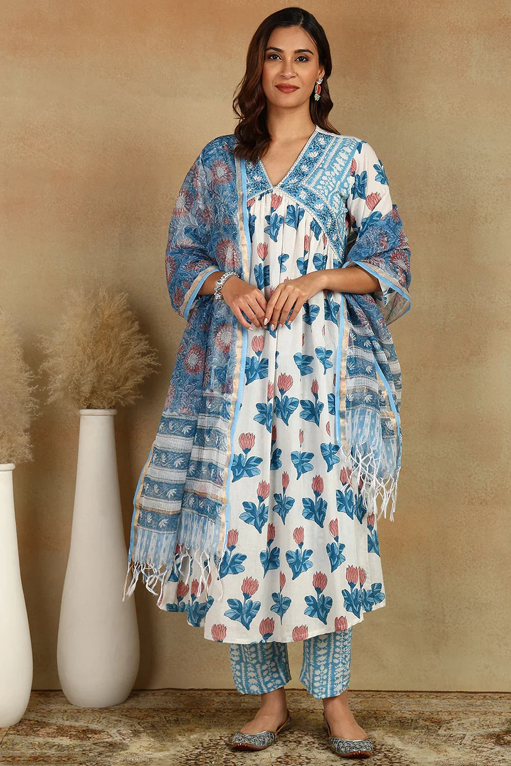 White/ Blue 'A' Line Kurta