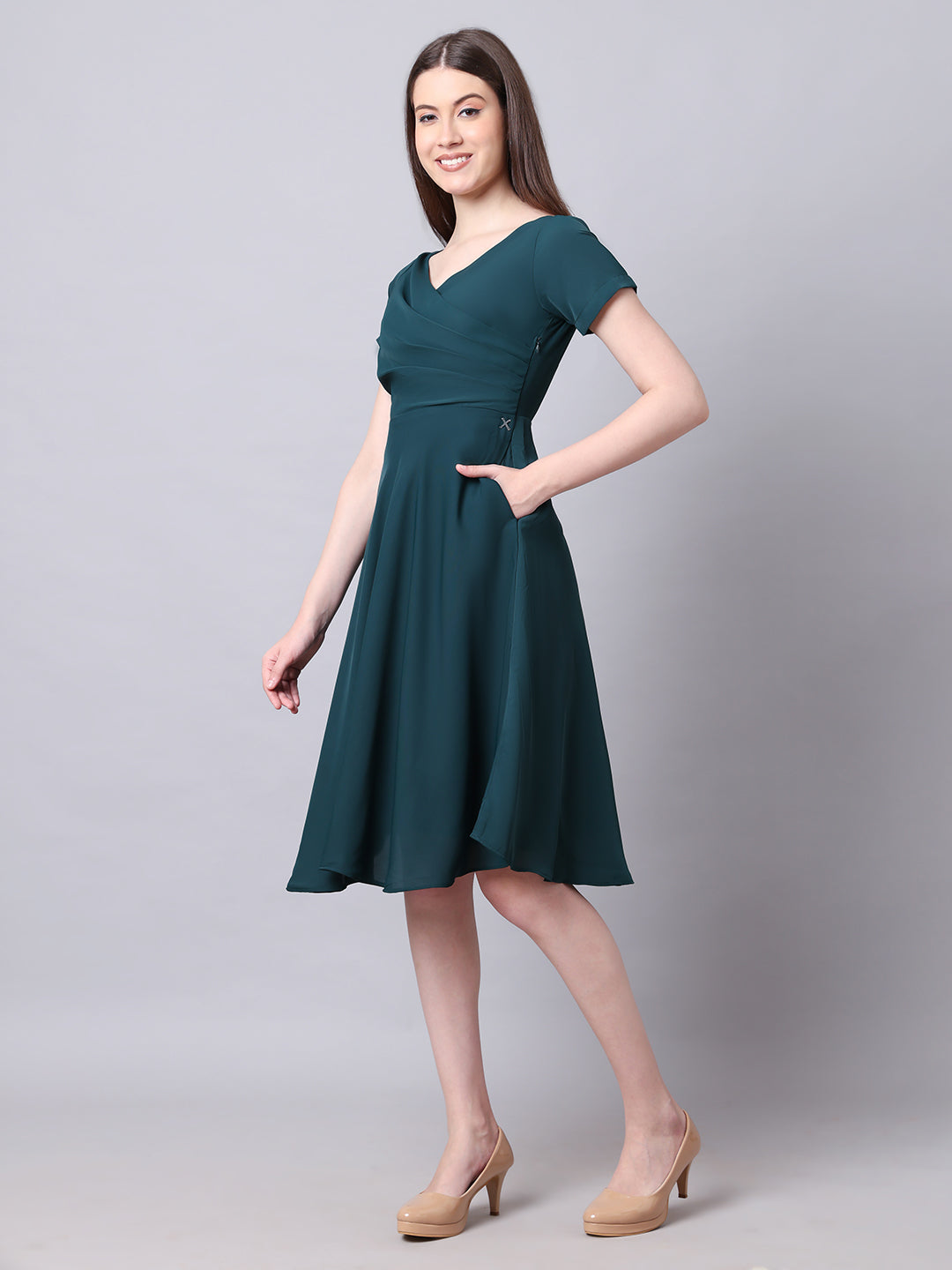 Exude Intrepid V-Neck Front Pleat Dress with Pockets