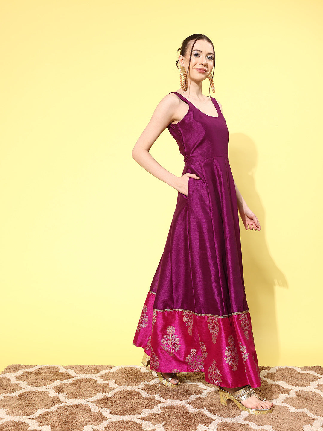 Purple Poly Silk Printed Maxi Dress