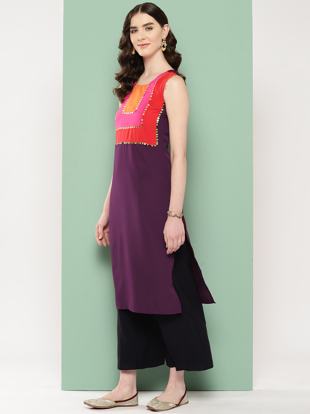 Burgundy Yoke Design Sequined Kurta