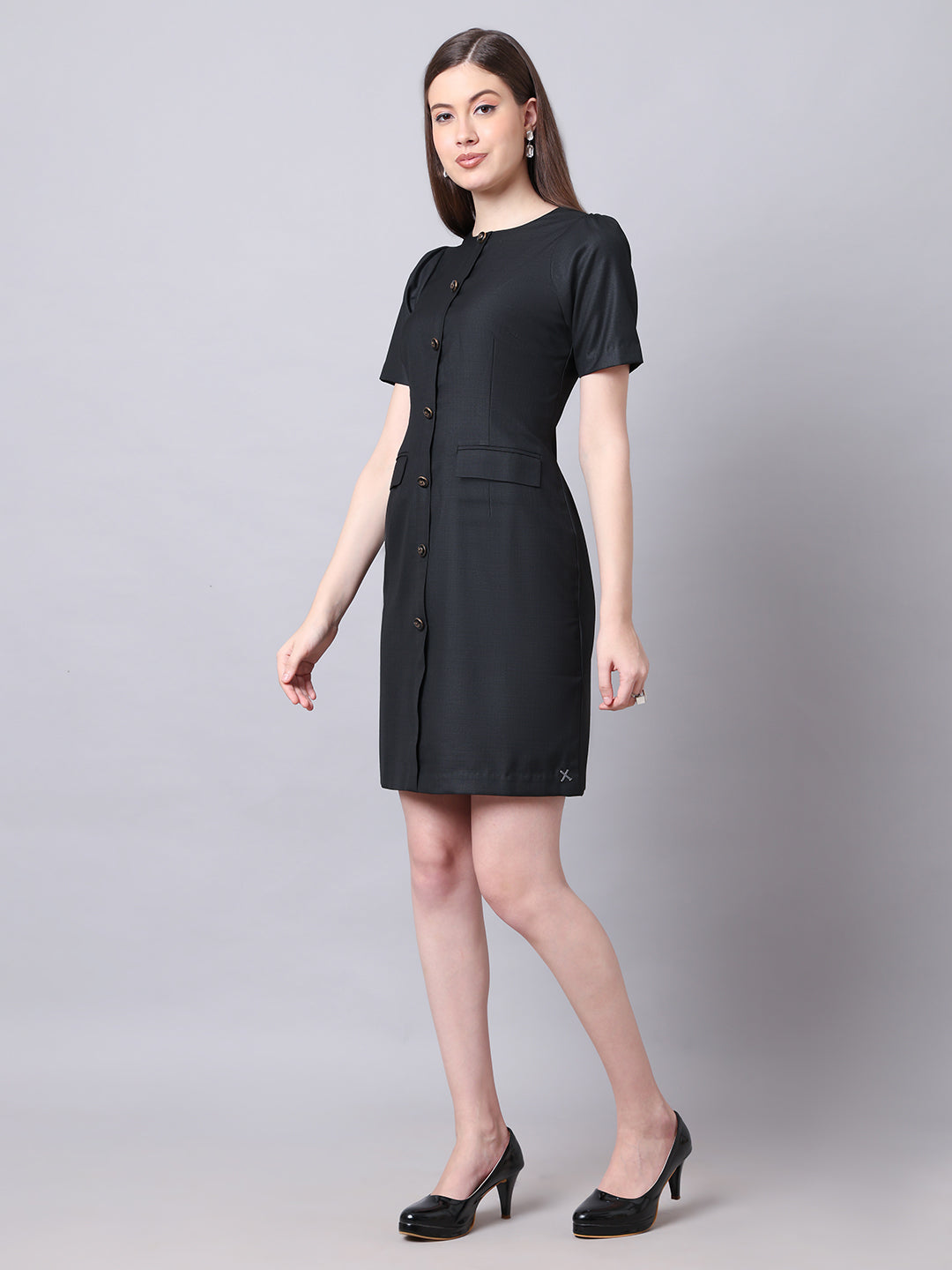 Exude Chic Revolution Suiting Fabric Front Button Shift Dress