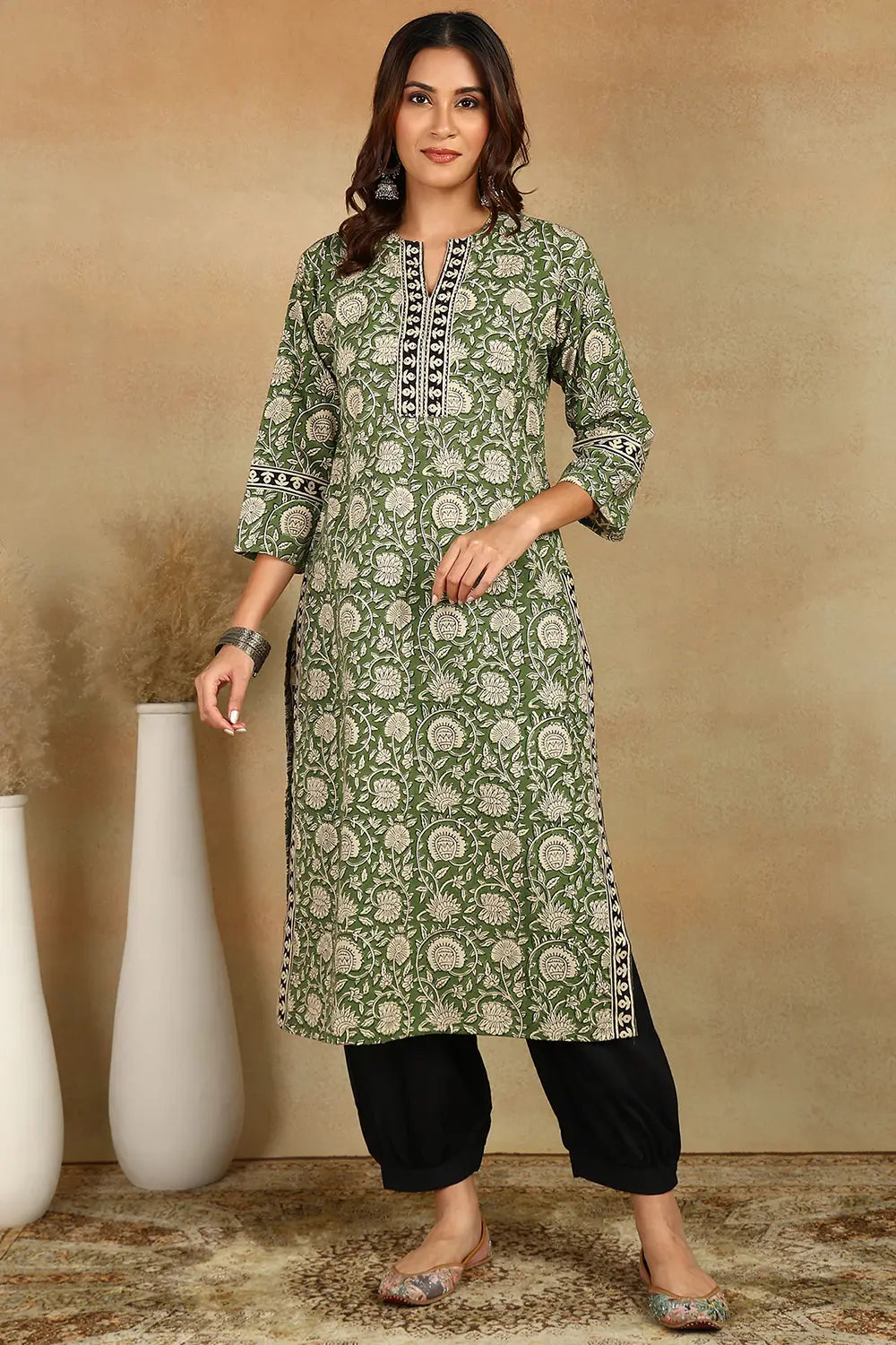 Green/Black Straight Bagru Kurta