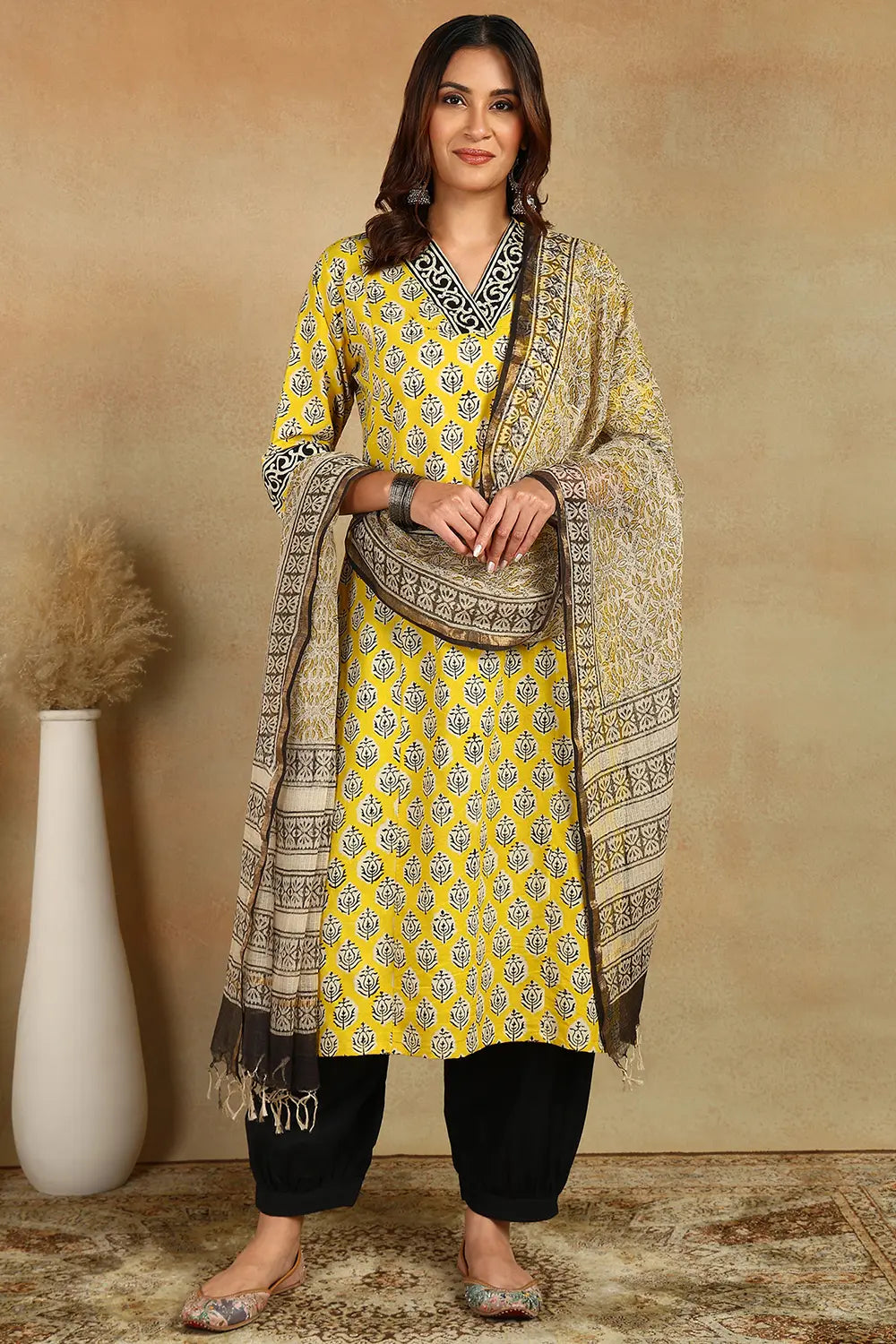 Yellow/Black Kota Doria Dupatta