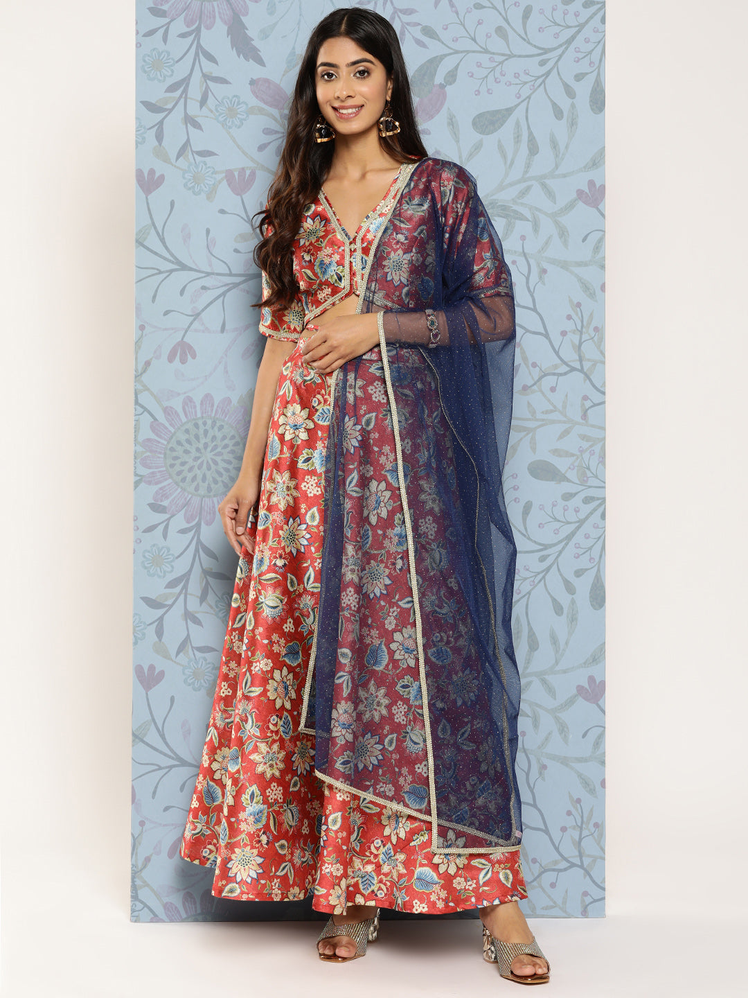 Rust & Blue Floral Printed Ready to Wear Lehenga & Blouse With Dupatta