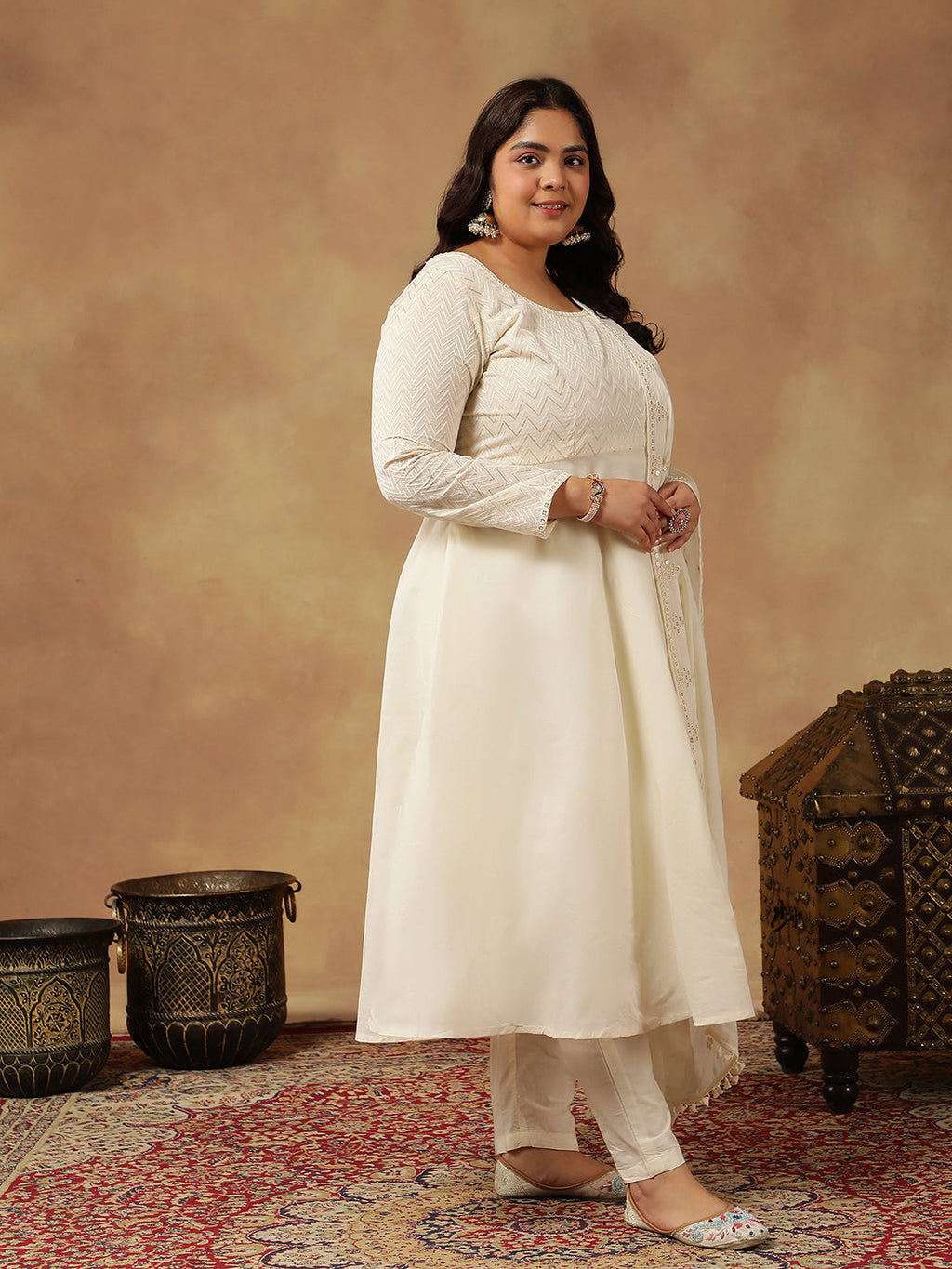 Sequinned Embroidered Empire Thread Work Anarkali Kurta with Trousers & Dupatta - ID