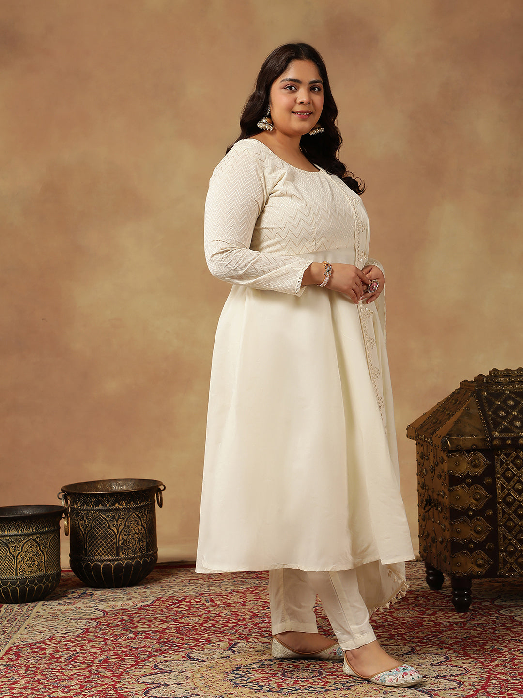 Sequinned Embroidered Empire Thread Work Anarkali Kurta with Trousers & Dupatta - ID