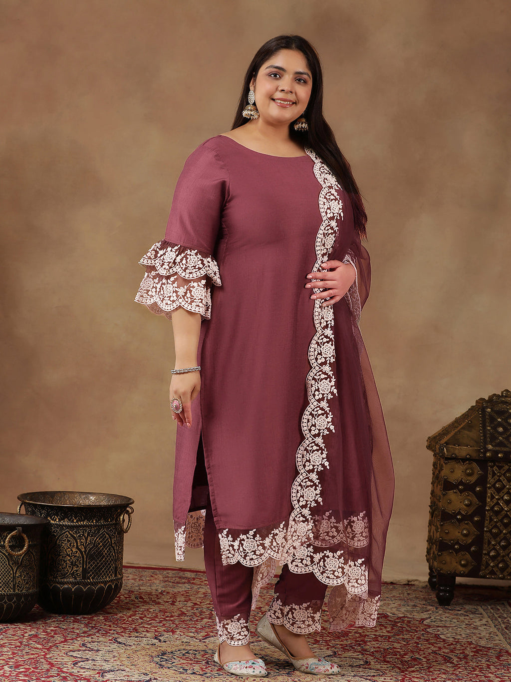 Plus Size Embroidered Thread Work Straight Kurta With Trousers & Dupatta - ID