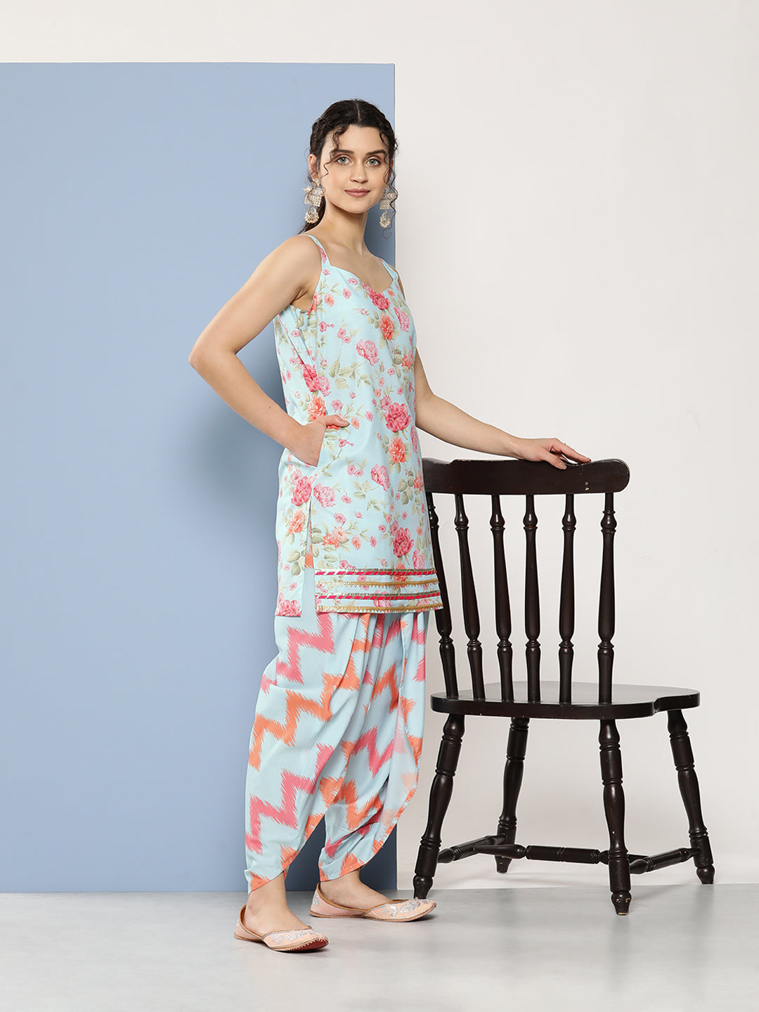 Blue Floral Printed Gotta Patti Kurti With Dhoti Pants & With Dupatta