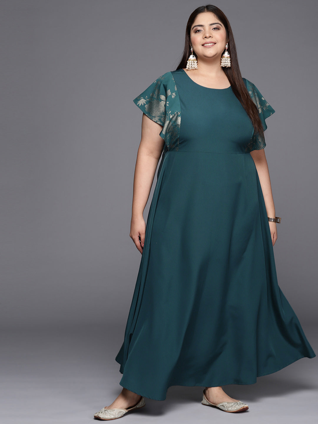 Teal Plus Size Floral Print A-line Maxi Ethnic Dress