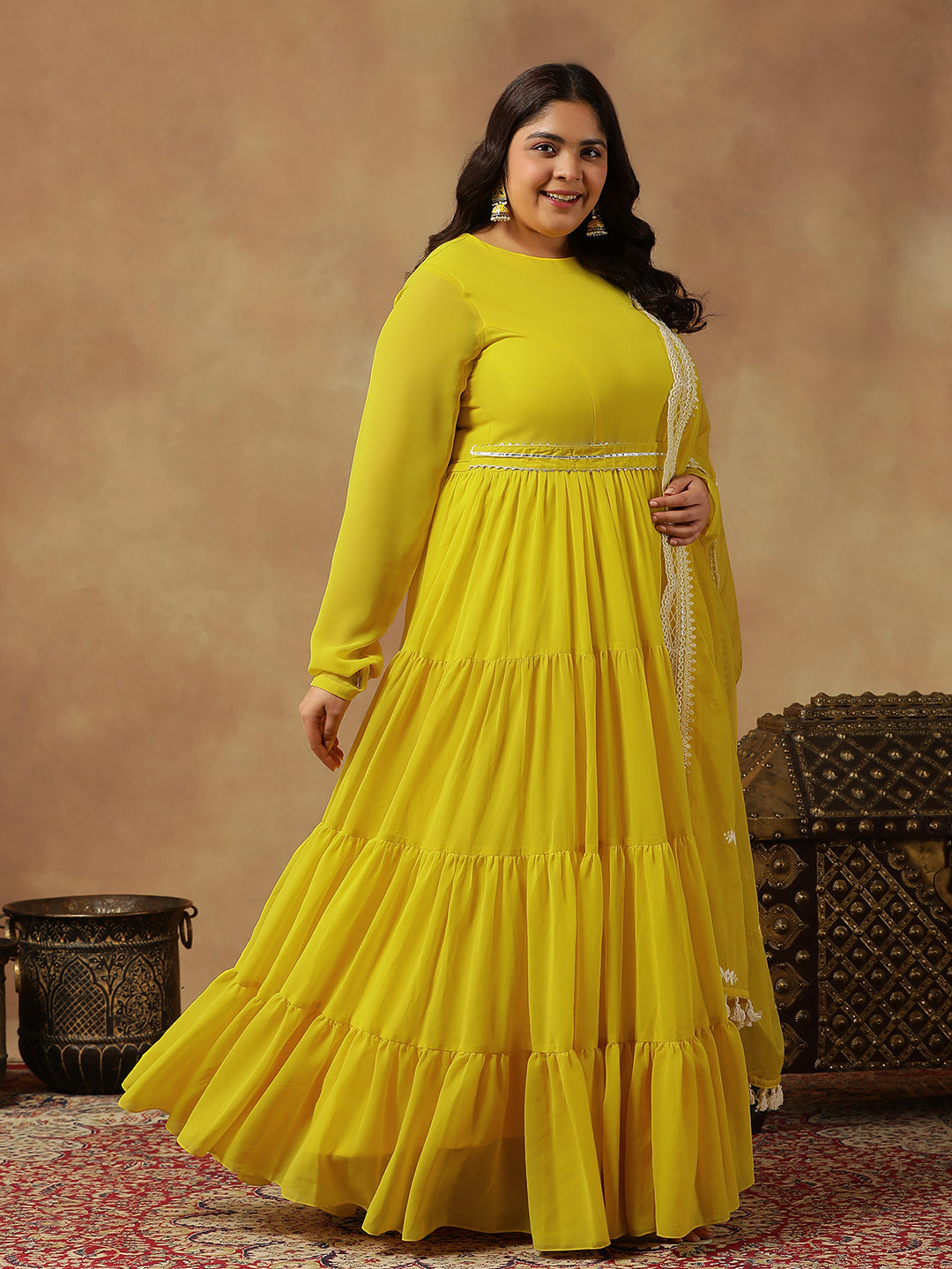 Plus Size Round Neck Georgette Zari Tiered Anarkali Kurta With Dupatta & Belt - ID
