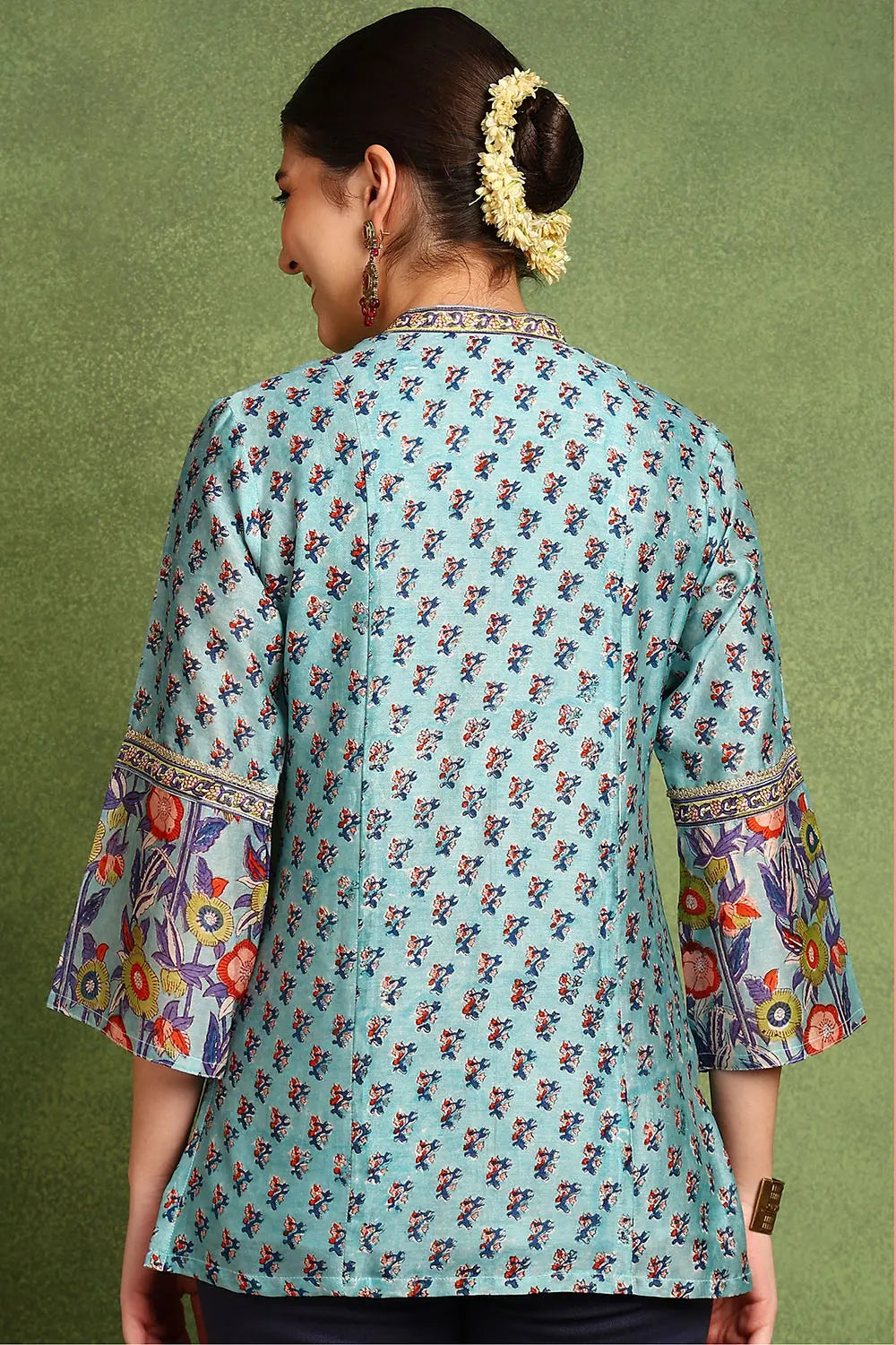 Blue Hand Block Printed Chanderi Silk Tunic