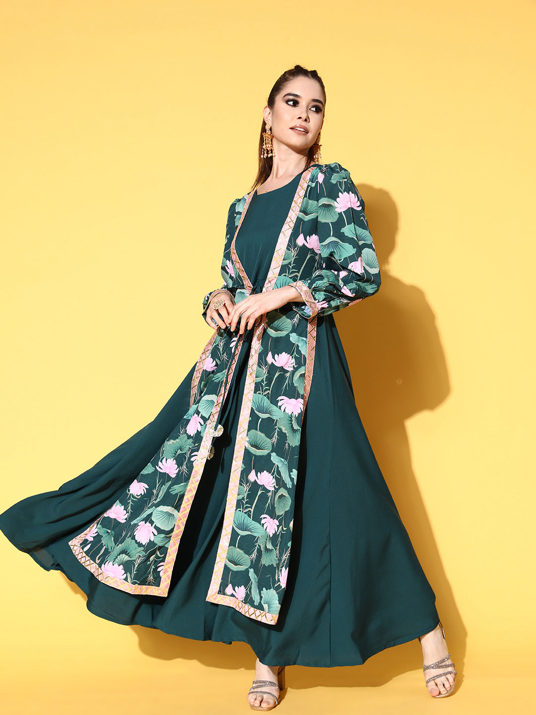 Green Floral Printed Layered Maxi Ethnic Dress with Waist Tie-Ups