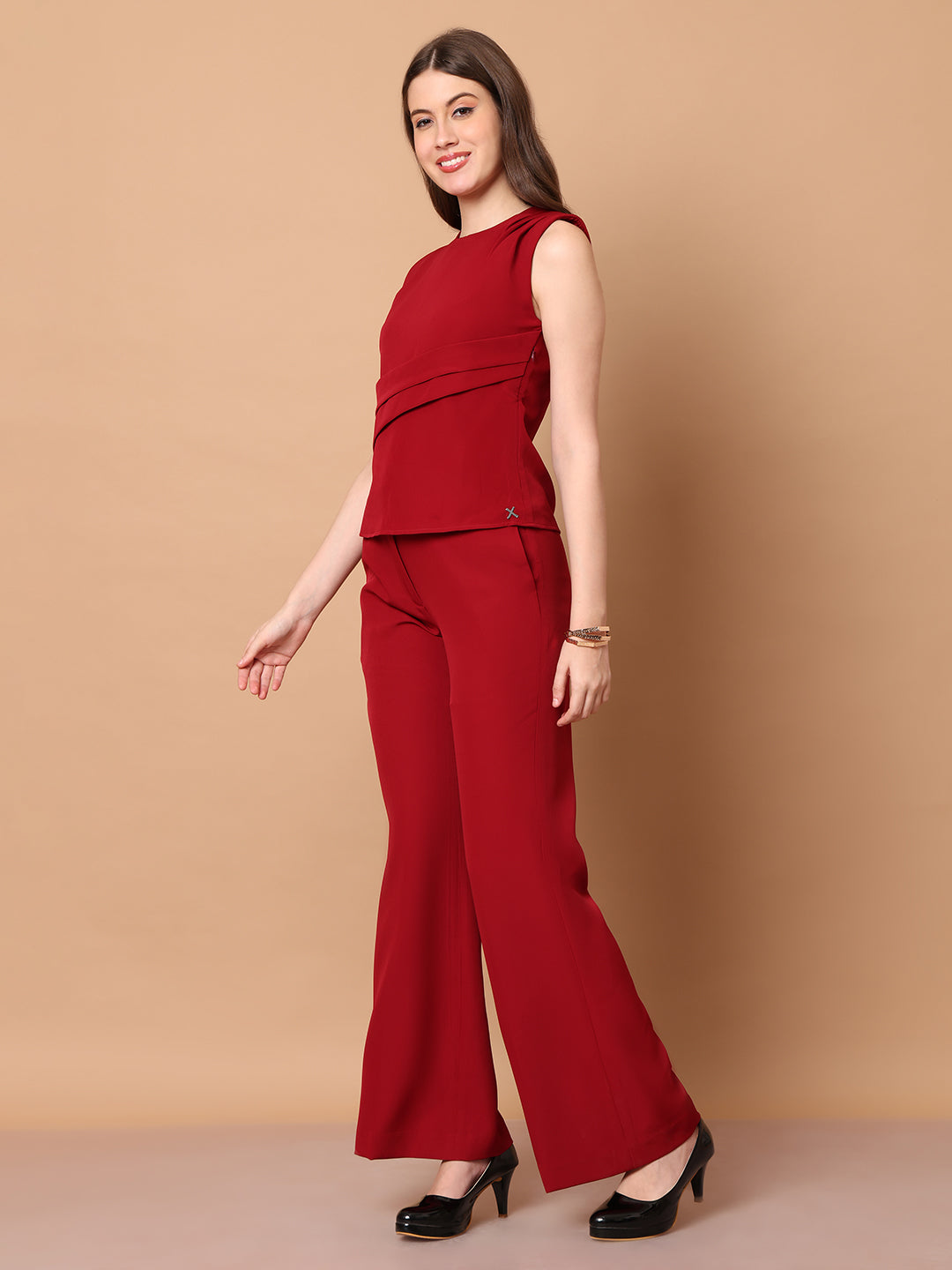 Exude Power in Motion Side and Shoulder Pleat Top Paired with Bootcut Trousers