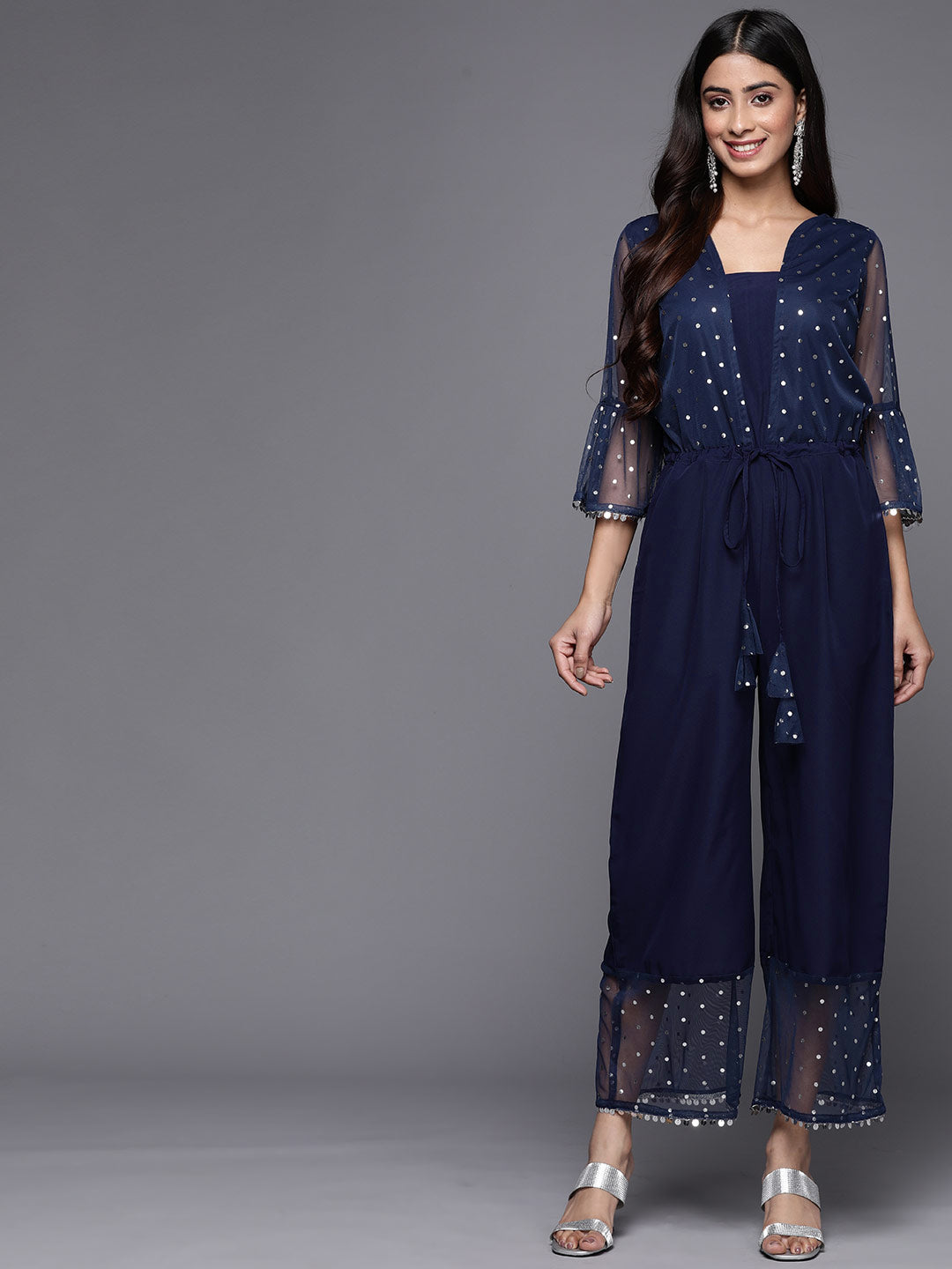 Navy Blue Polka Dots Printed Jumpsuit With Waist Tie-Ups