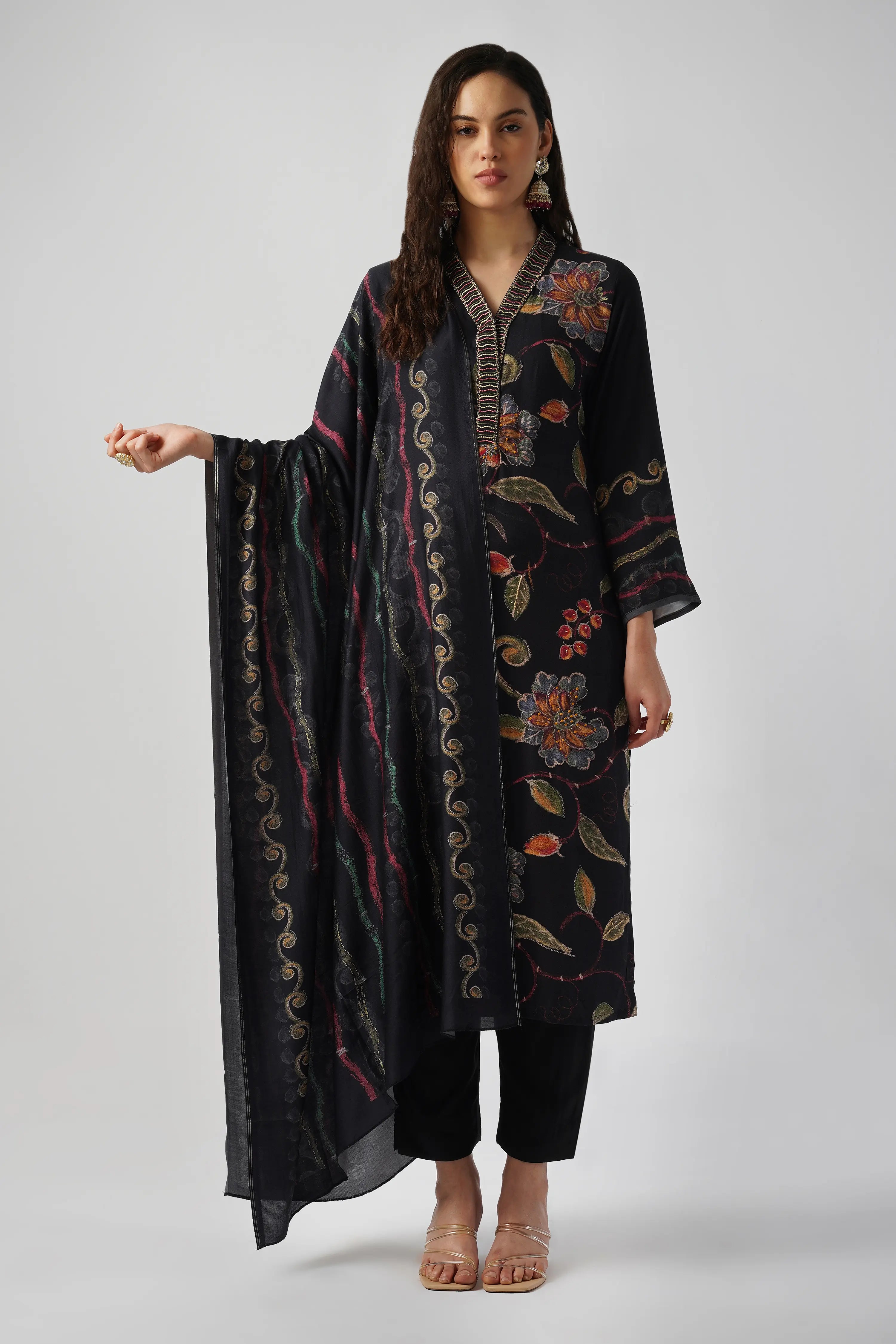 Jet Black Pure Pashmina Wool Designer Kurta Set with Embroidery