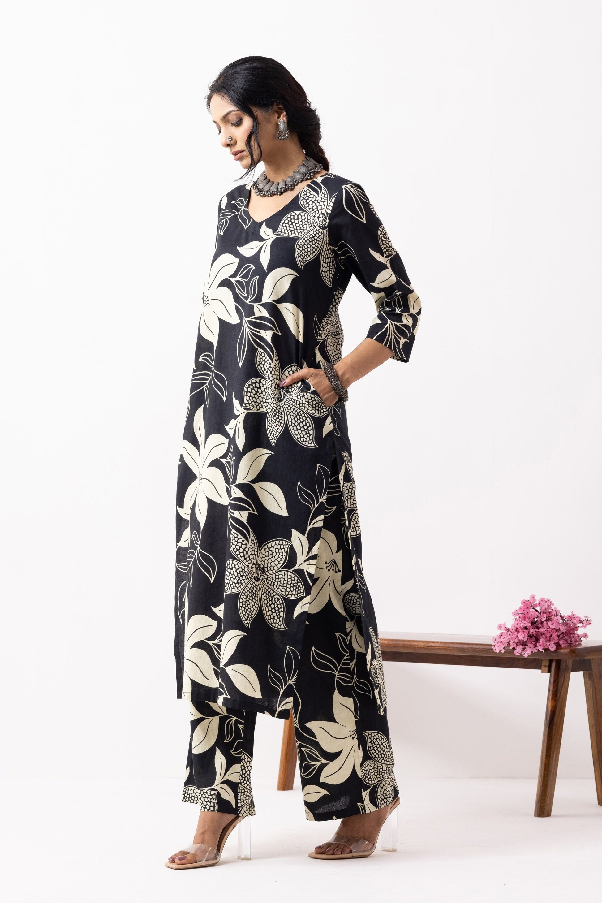 Black Block Printed Mira Kurta Set (Set of 2)- IC
