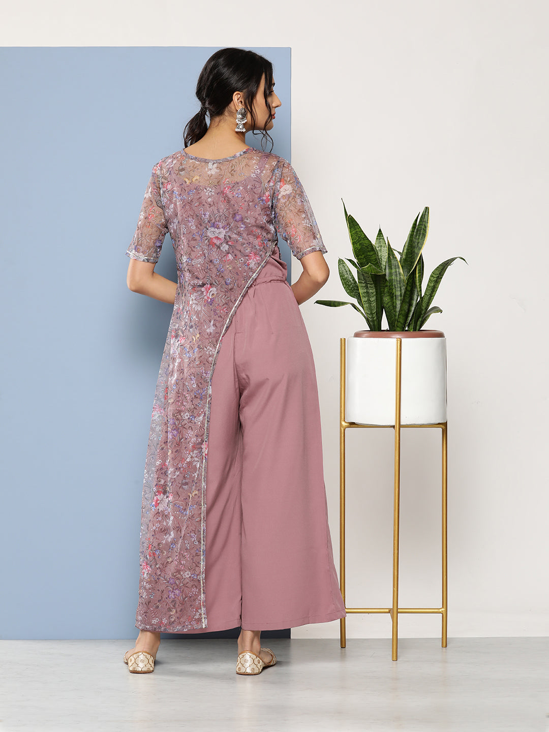 Mauve Floral Printed Waist Tie-Ups Jumpsuit