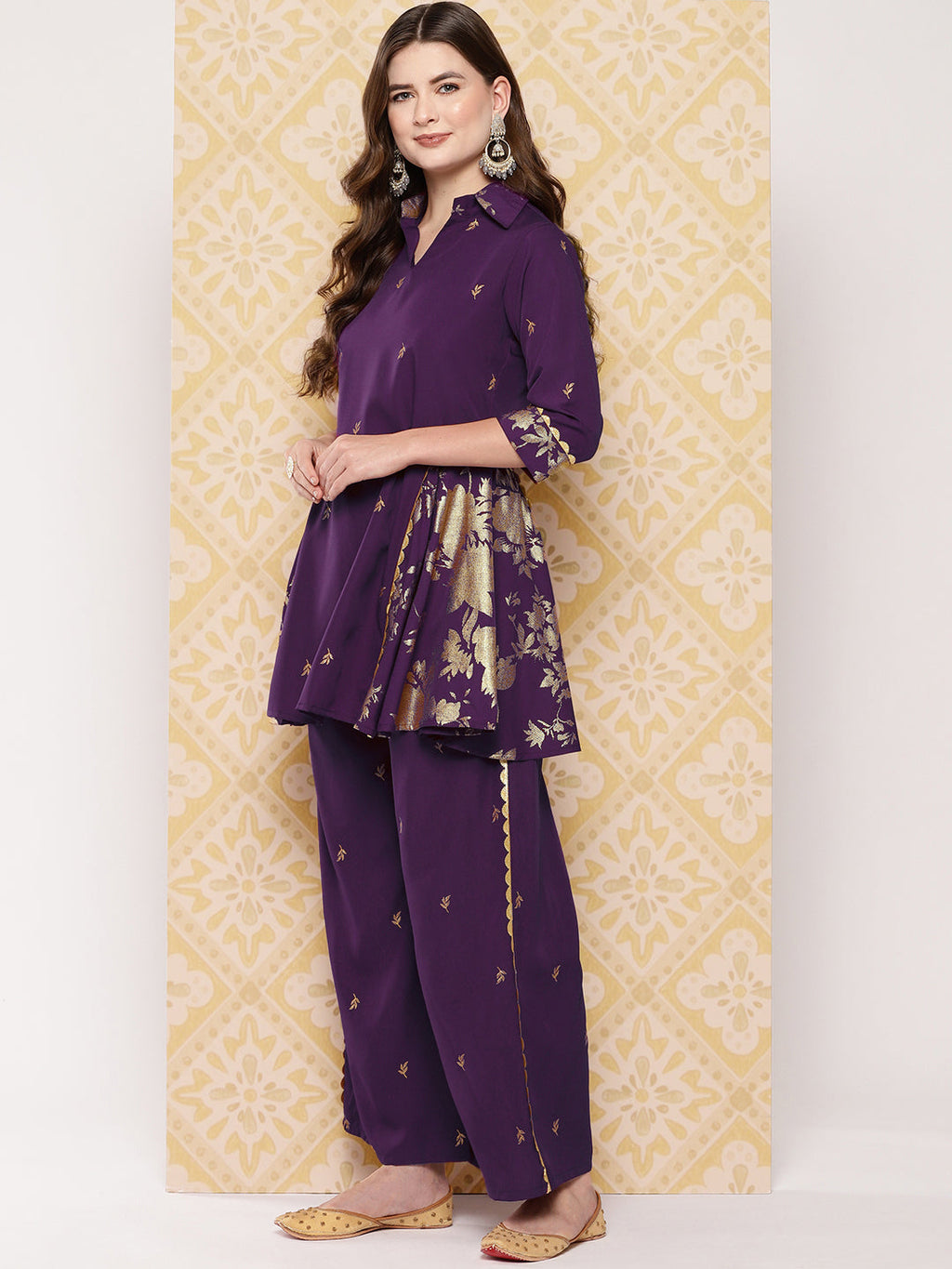 Burgundy Floral Printed Ethnic Tunic with Palazzos-AH