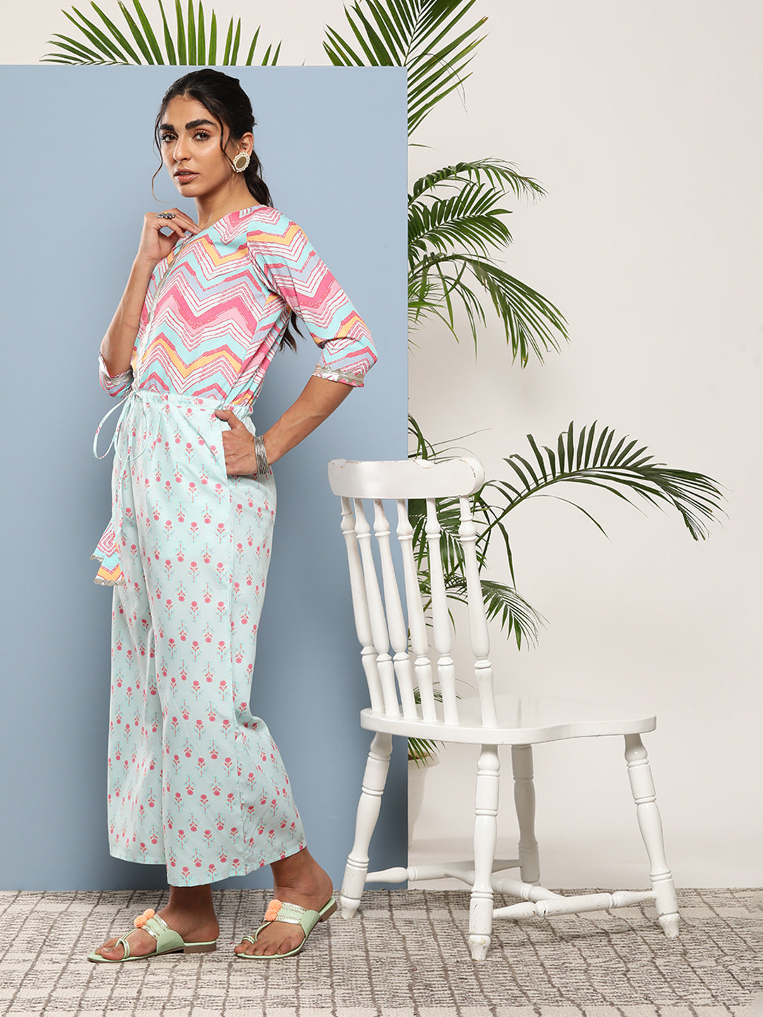 Pink & Blue Printed Waist Tie-Ups Jumpsuit