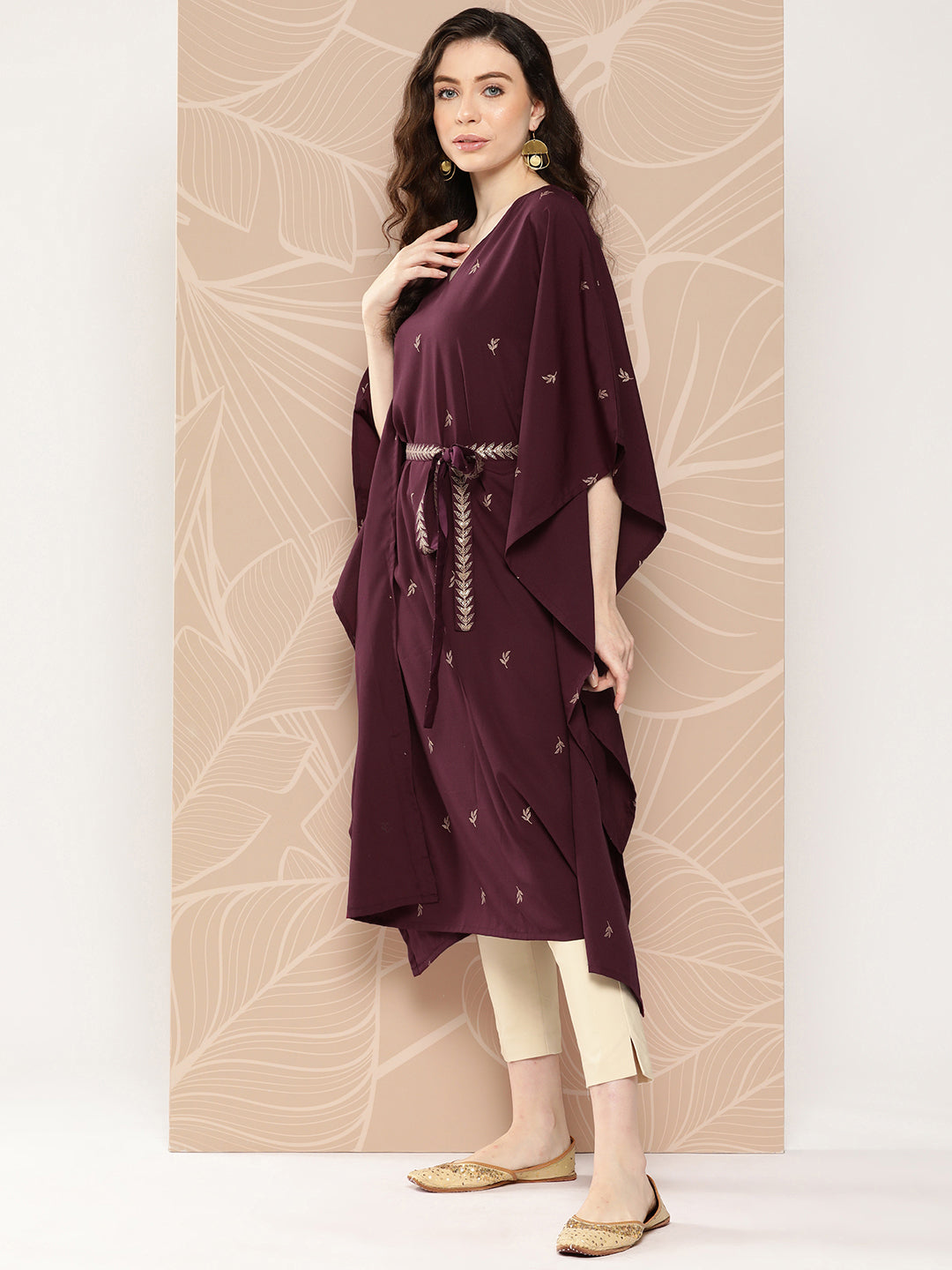 Burgundy Floral Printed Belted Detail Kaftan Kurta