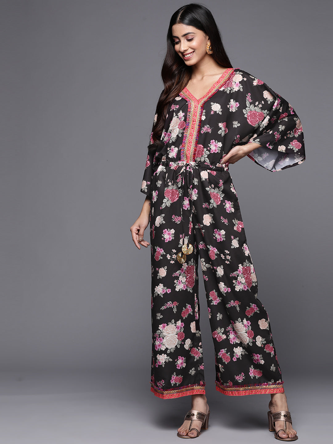 Black Floral Printed Jumpsuit With Lace Inserts